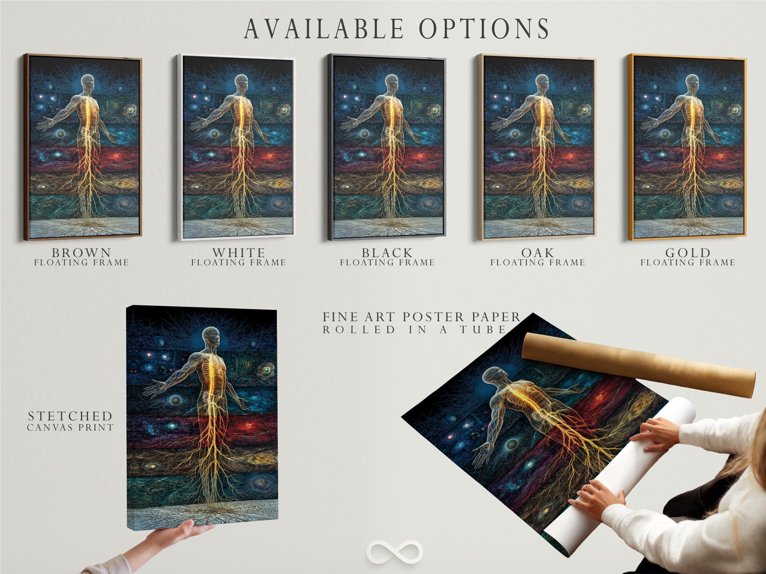Woman standing beside a framed artwork showing a glowing energy human figure in blue, teal and red