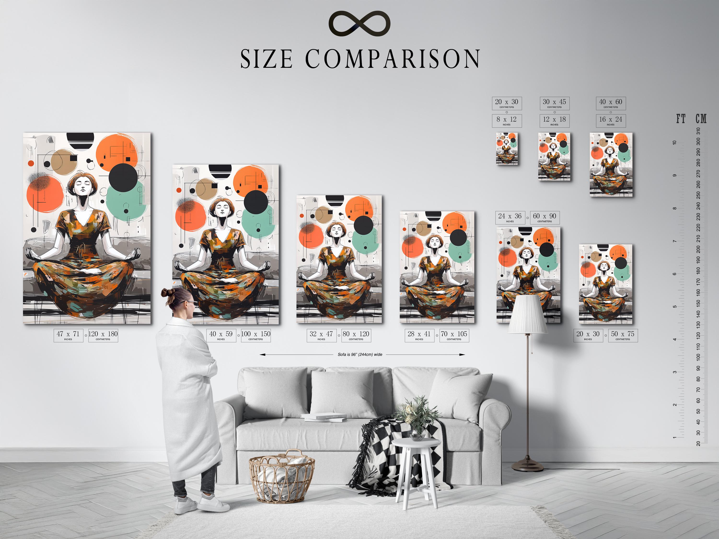 Framed artwork showing a woman meditating with floating geometric circles in orange, teal and charcoal detail view