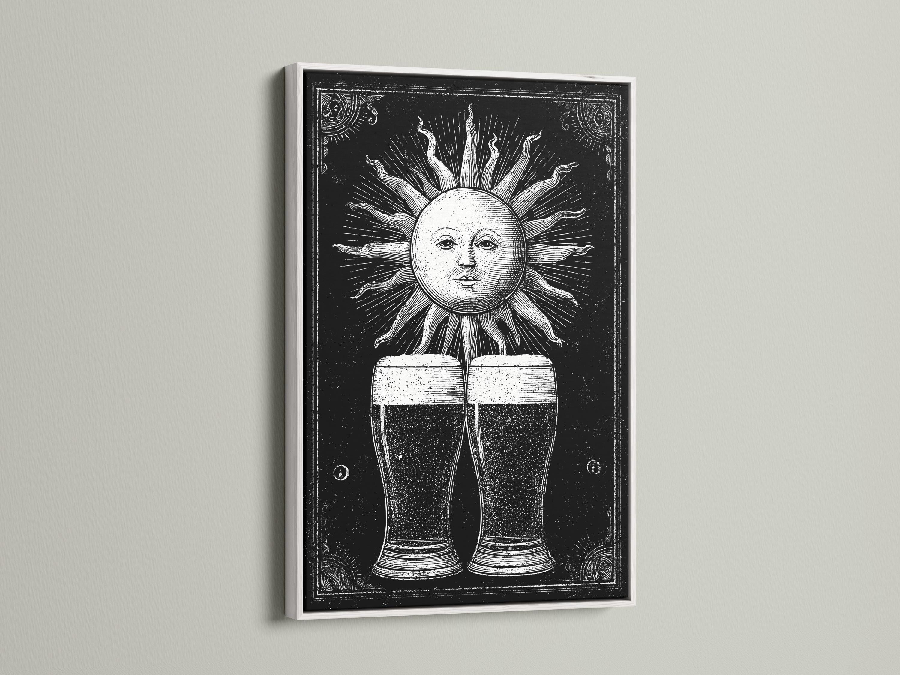 Black and white sun face with radiating rays above two mirrored beer mugs detail view