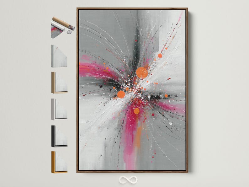 Abstract burst artwork with radiating grey and white lines, pink splashes and orange circular accents