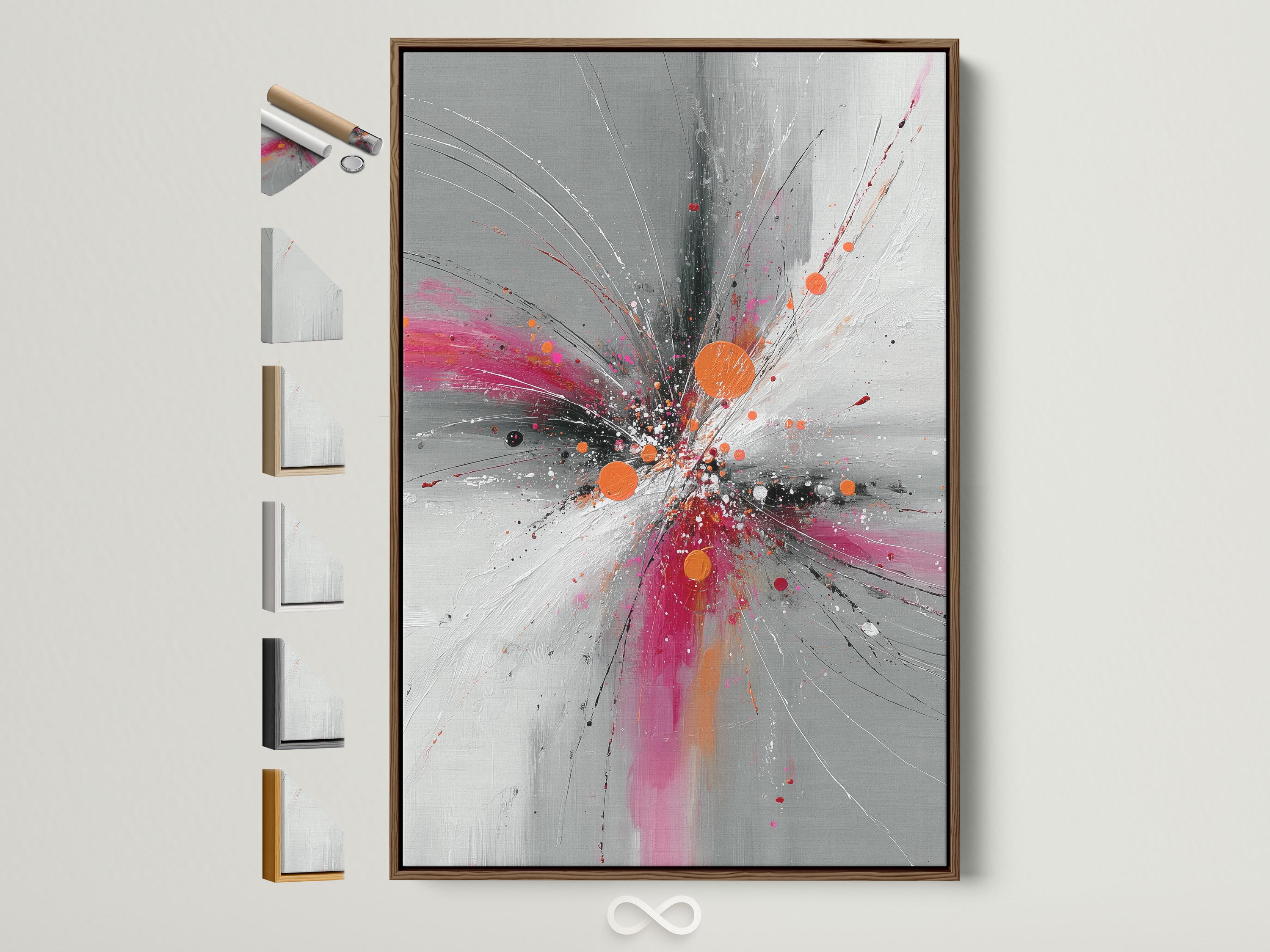 Abstract burst artwork with radiating grey and white lines, pink splashes and orange circular accents