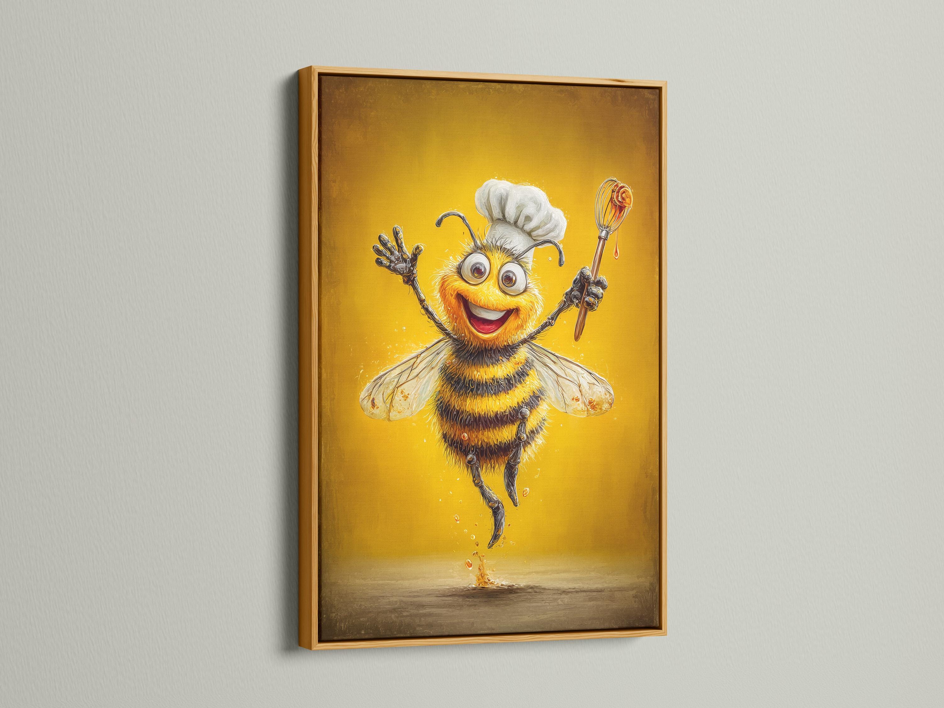 Smiling cartoon bee chef holding a whisk on a warm golden background detail view