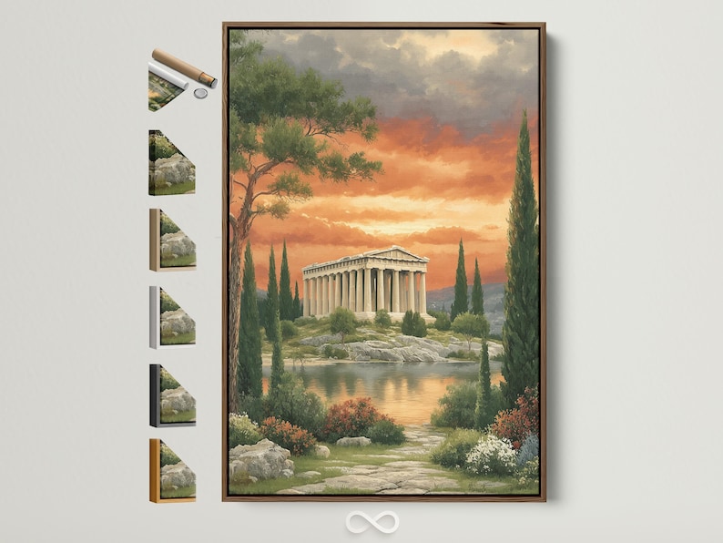 A classical temple by a calm lake under a warm orange sunset sky with trees and greenery in the foreground
