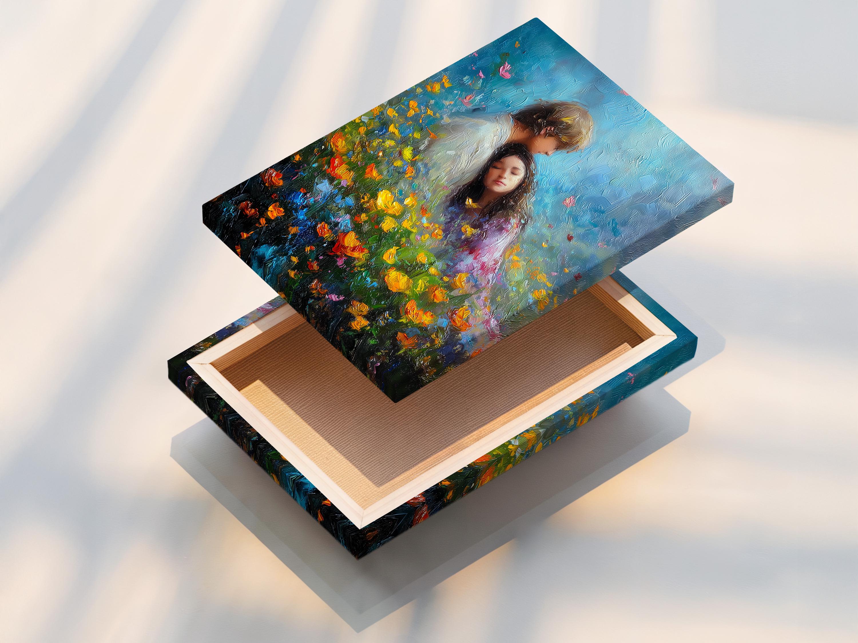 Romantic couple embracing in a blue wildflower field, painterly textured style detail view
