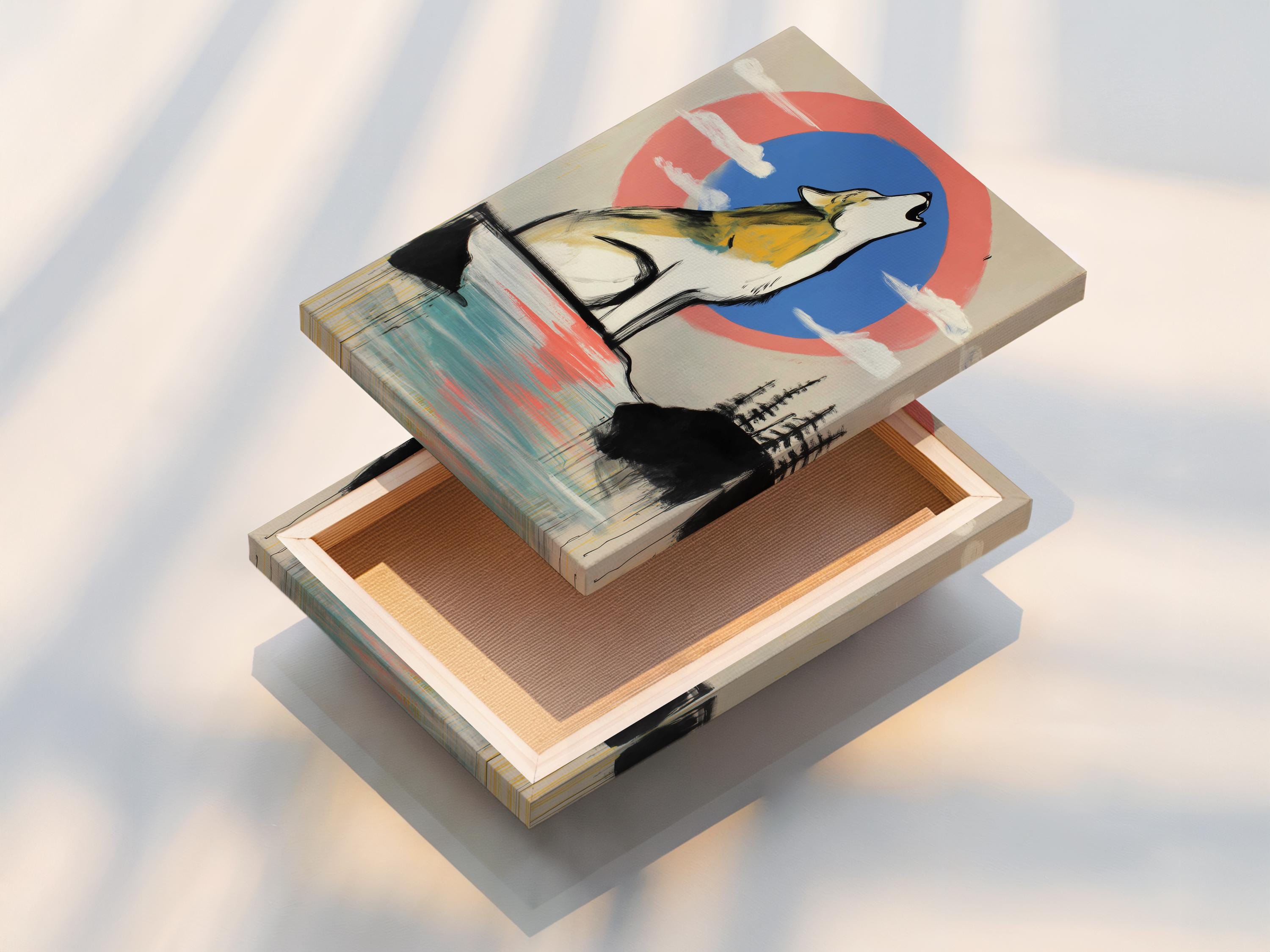 Stylised howling wolf in white and yellow with coral and blue sky circle and reflective lake detail view
