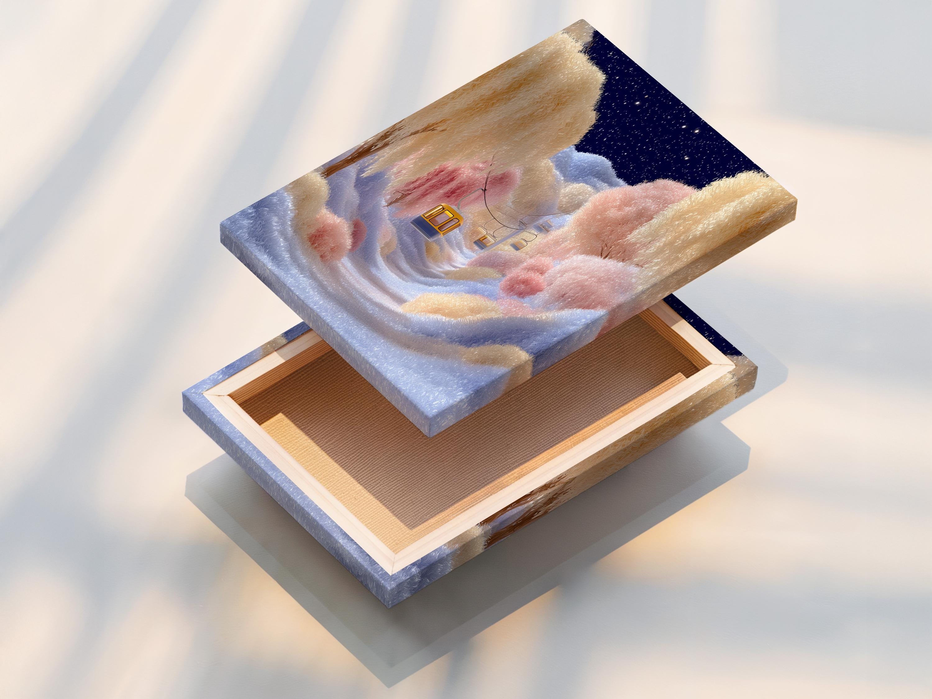Whimsical winter landscape with a deep blue starry sky, pastel snow and warm gold gondola-like cabins detail view