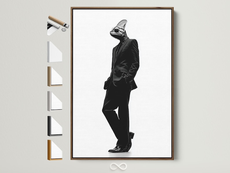 A monochrome chameleon head and suited figure walk in profile against a bright white background, rendered in high-contrast ink-like detail