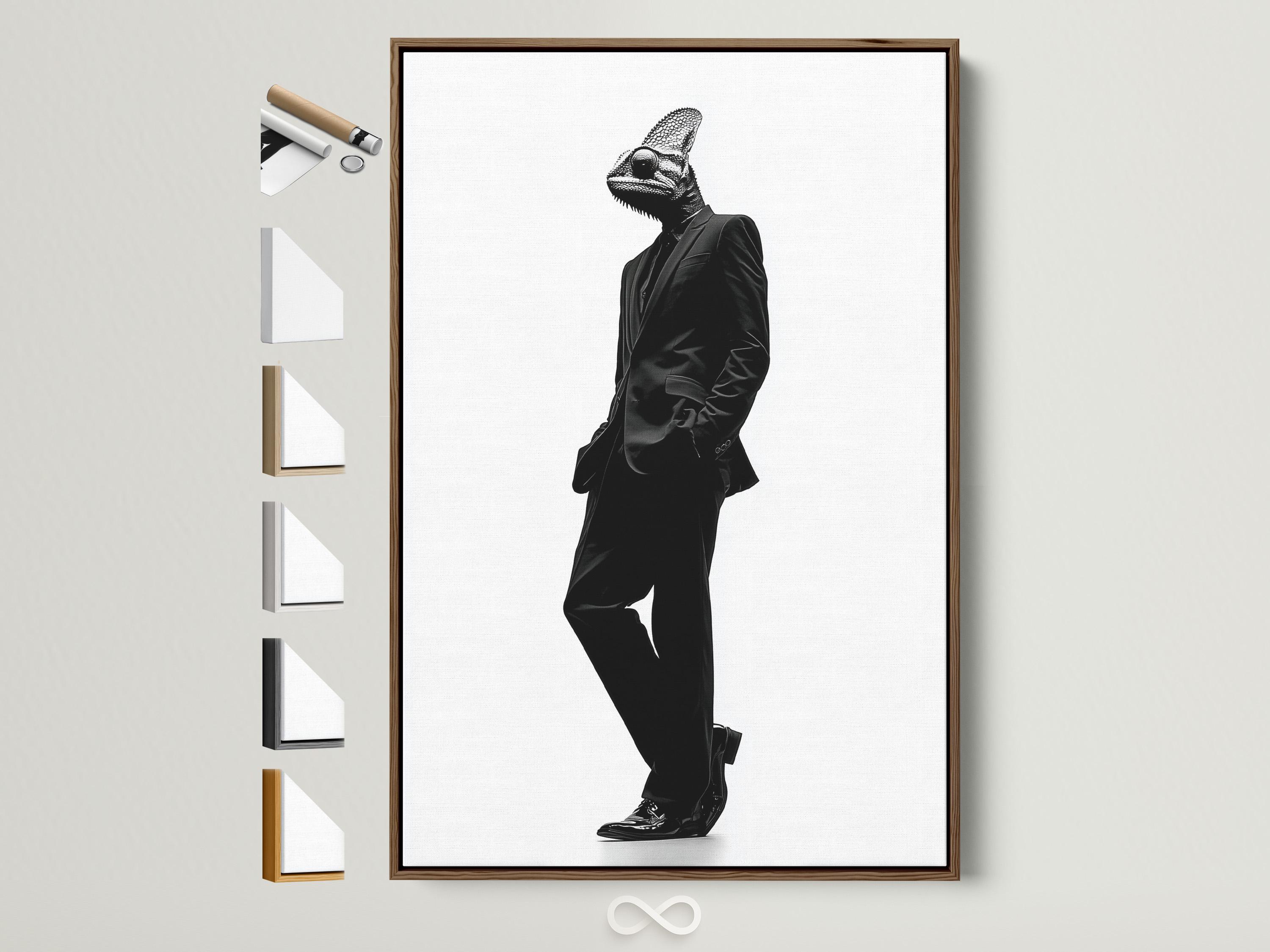 A monochrome chameleon head and suited figure walk in profile against a bright white background, rendered in high-contrast ink-like detail