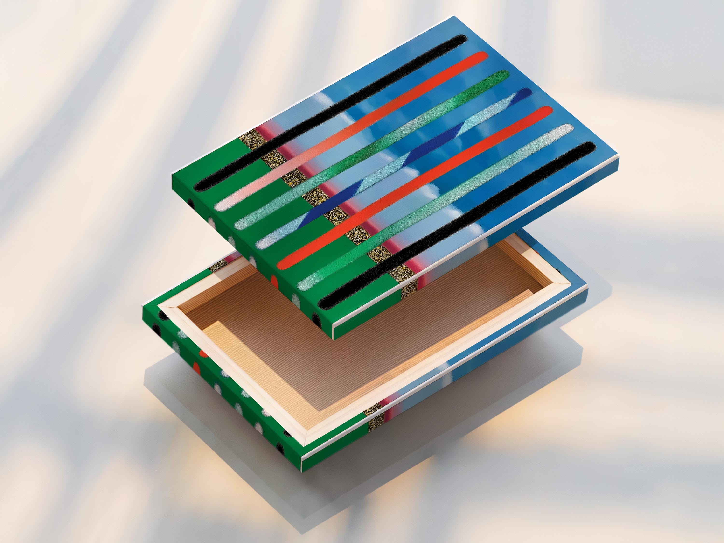 Abstract vertical stripes artwork with blue sky bands and black, red, green, and off-white bars detail view