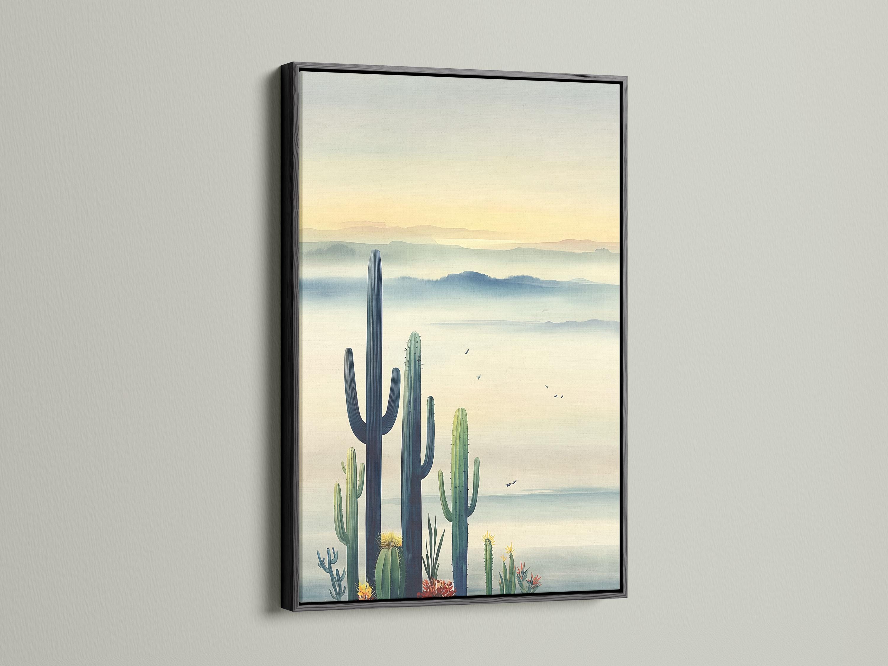 Illustrated desert landscape with tall cactus silhouettes, hazy blue distance layers and small birds detail view