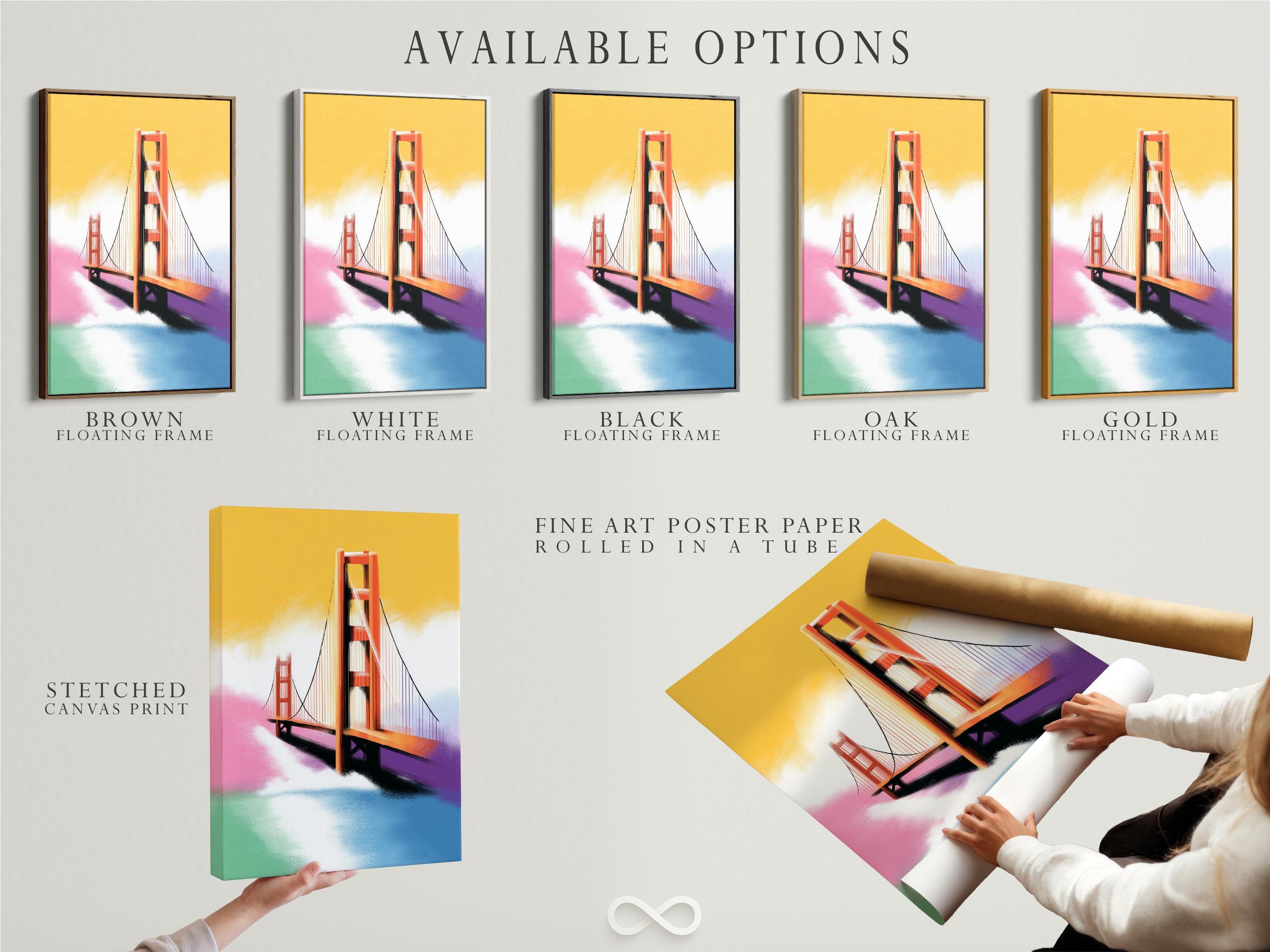 Bridge artwork in a framed display on a light background, with small colour swatches shown around it