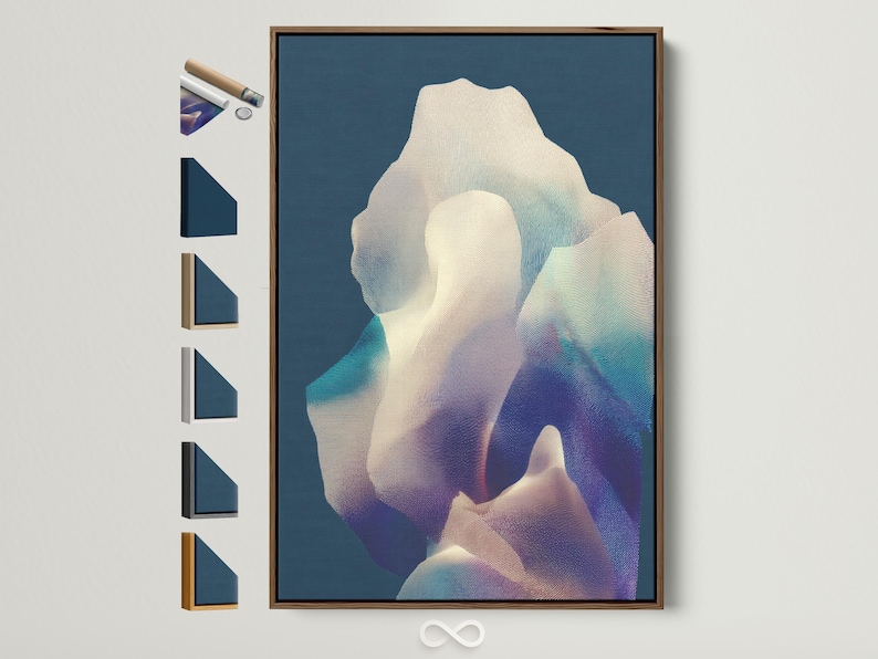 Navy blue abstract artwork with cream and pastel striped shapes and layered teal and purple tones