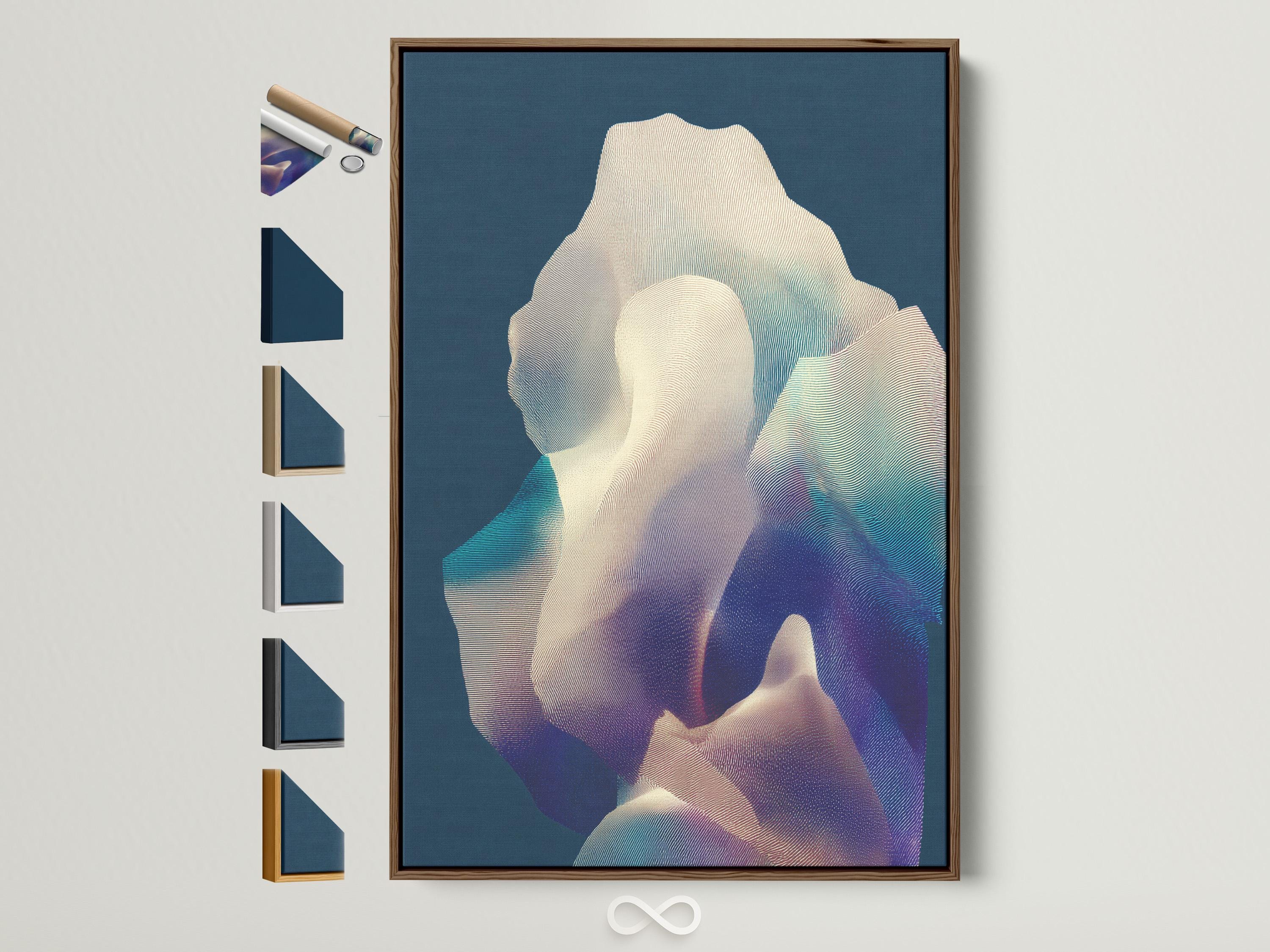 Navy blue abstract artwork with cream and pastel striped shapes and layered teal and purple tones