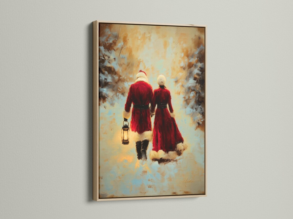 Painterly winter scene of a couple in red coats walking away with a glowing lantern detail view