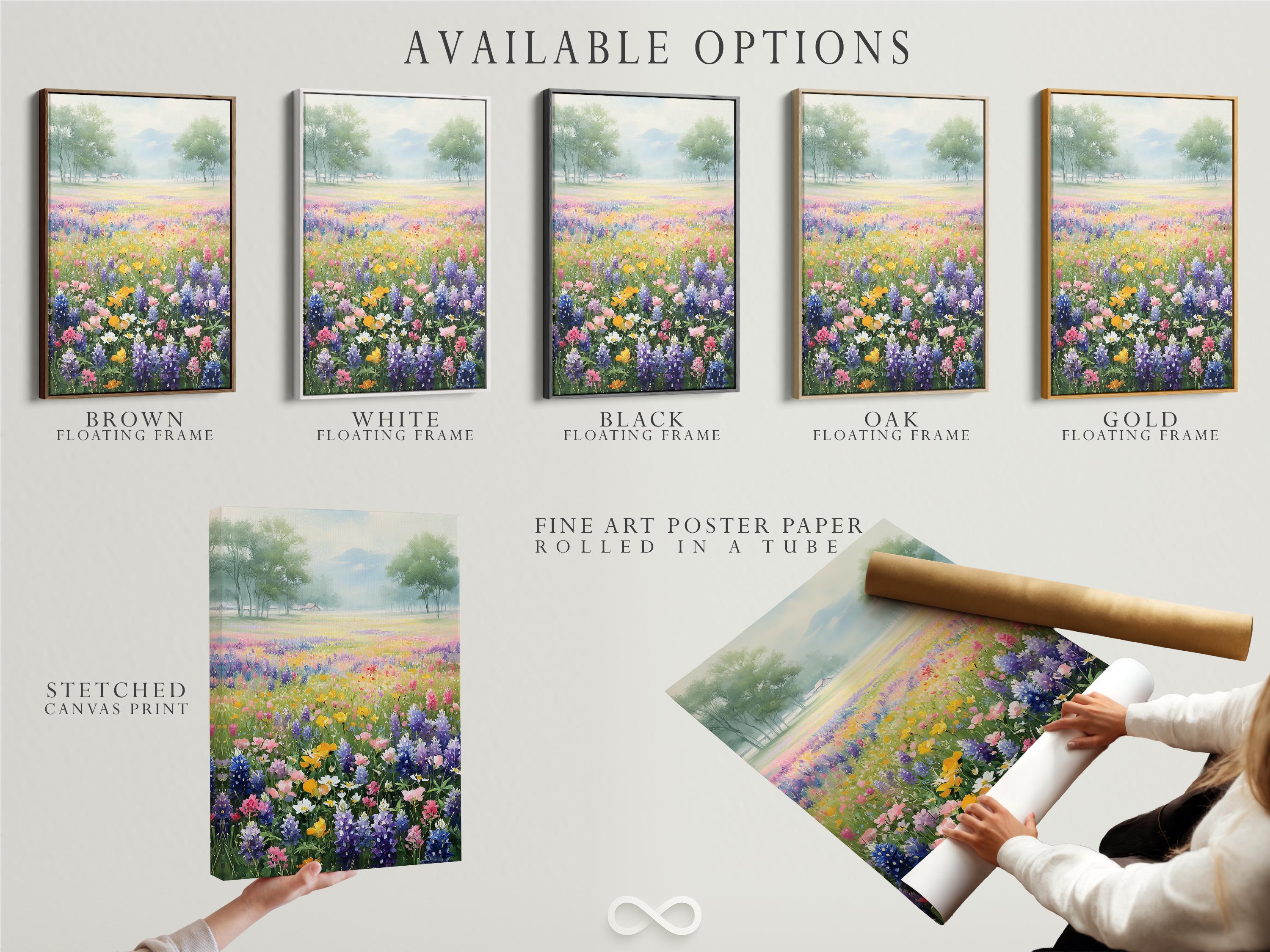 Pastel wildflower meadow with colourful flowers in the foreground and misty trees in the distance detail view