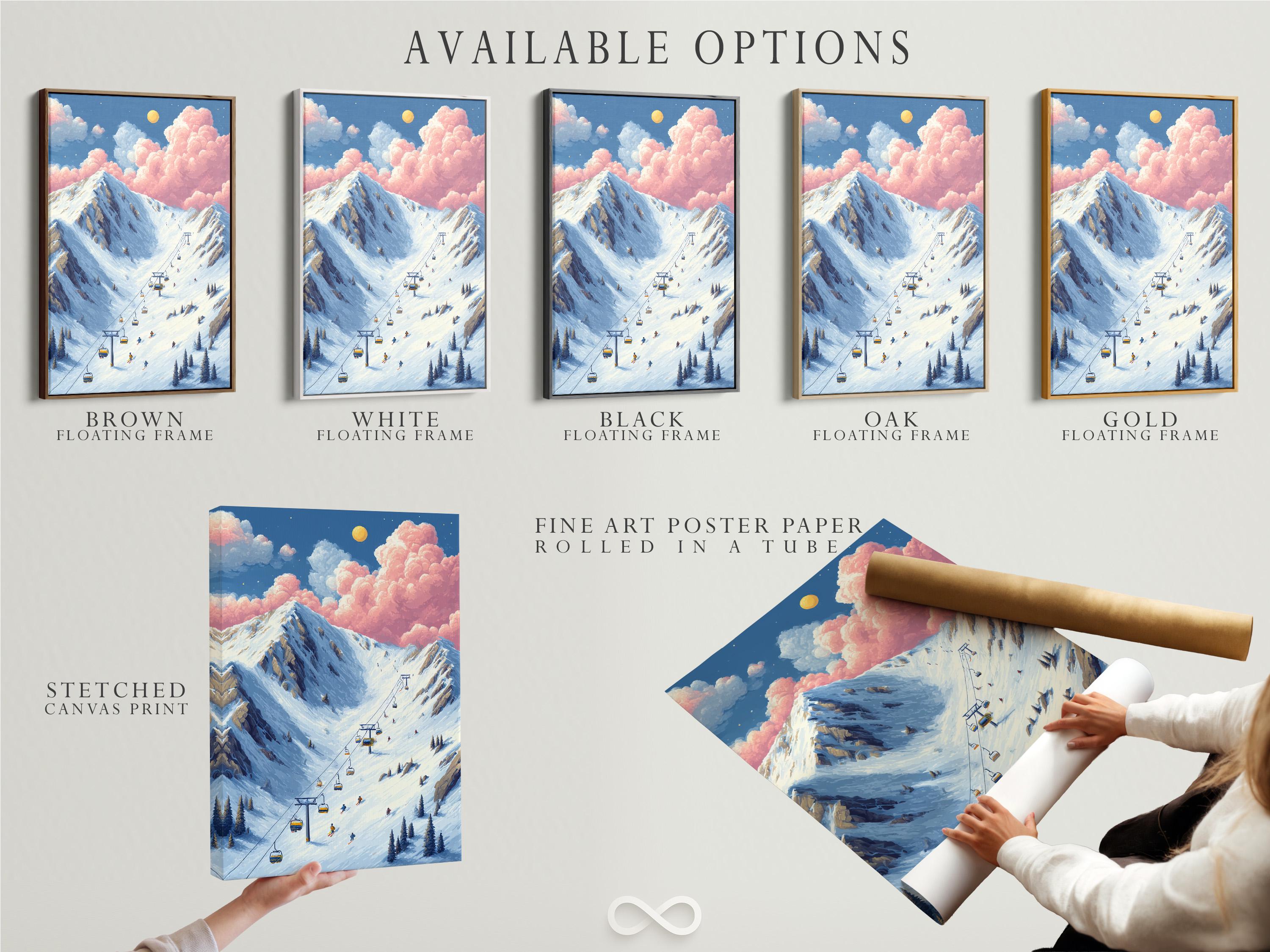 Winter mountain ski resort illustration with a diagonal chairlift, gondolas, skiers, snowy slopes and pink clouds detail view
