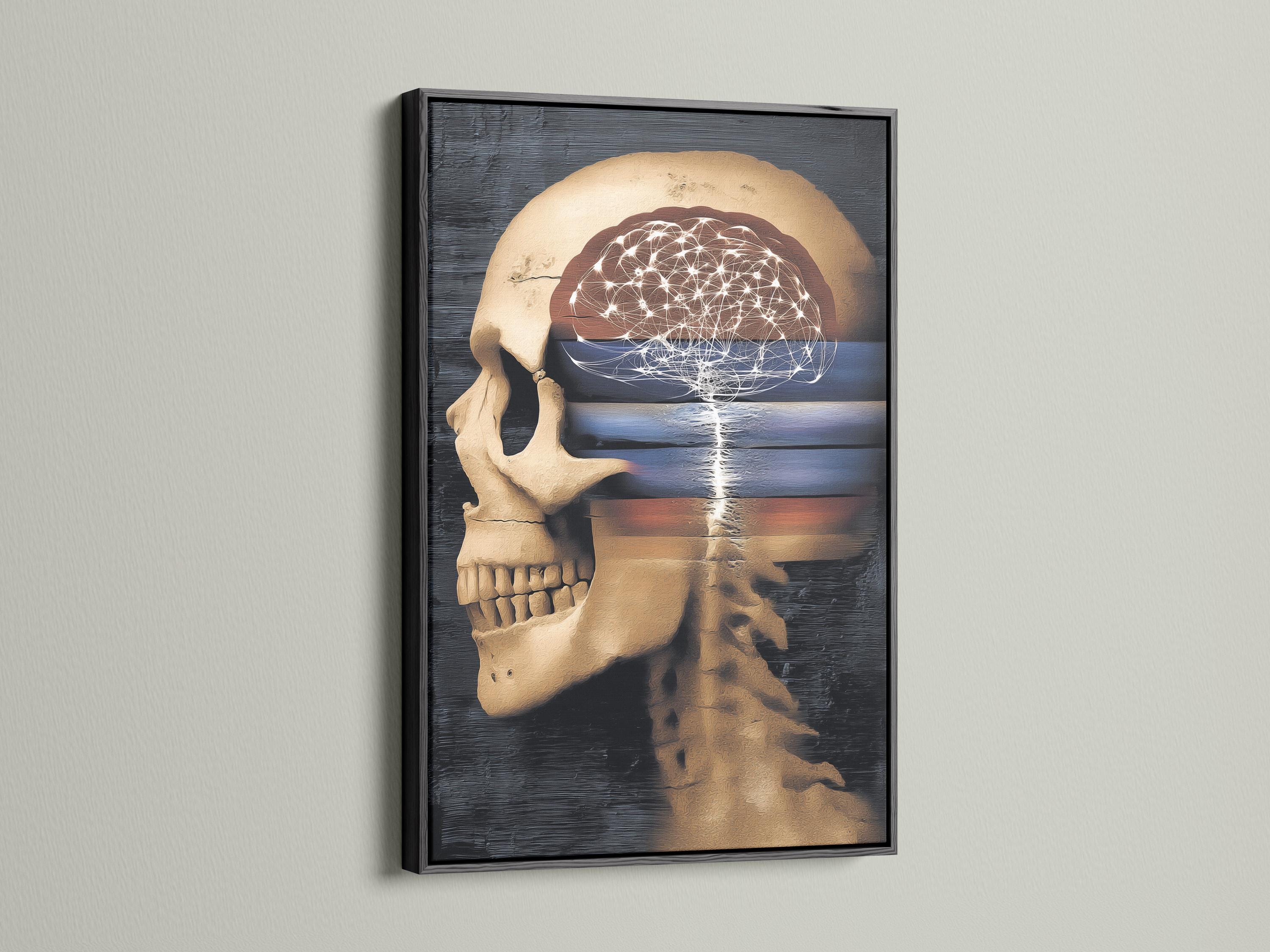 Wall mockup showing anatomical skull artwork with glowing neural lines