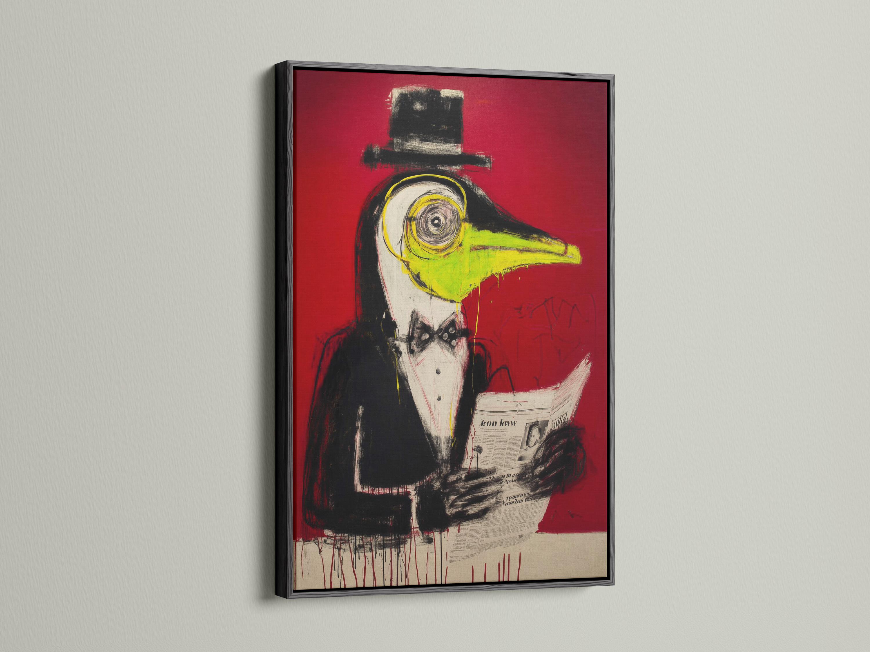 Stylised penguin-like bird portrait with red background, black shapes and yellow-green beak detail view