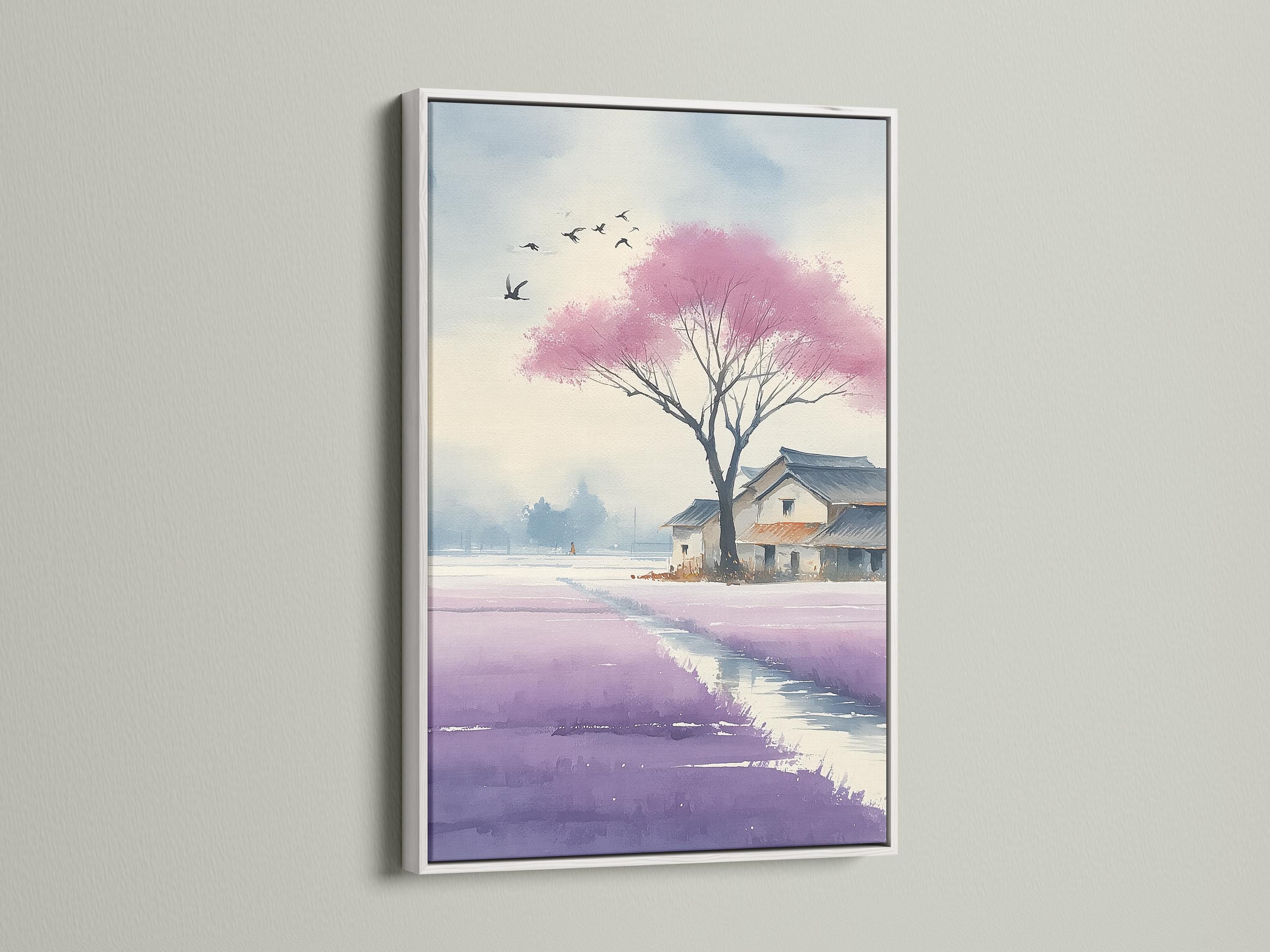 Blossoming pink cherry blossom tree landscape with birds and distant houses detail view