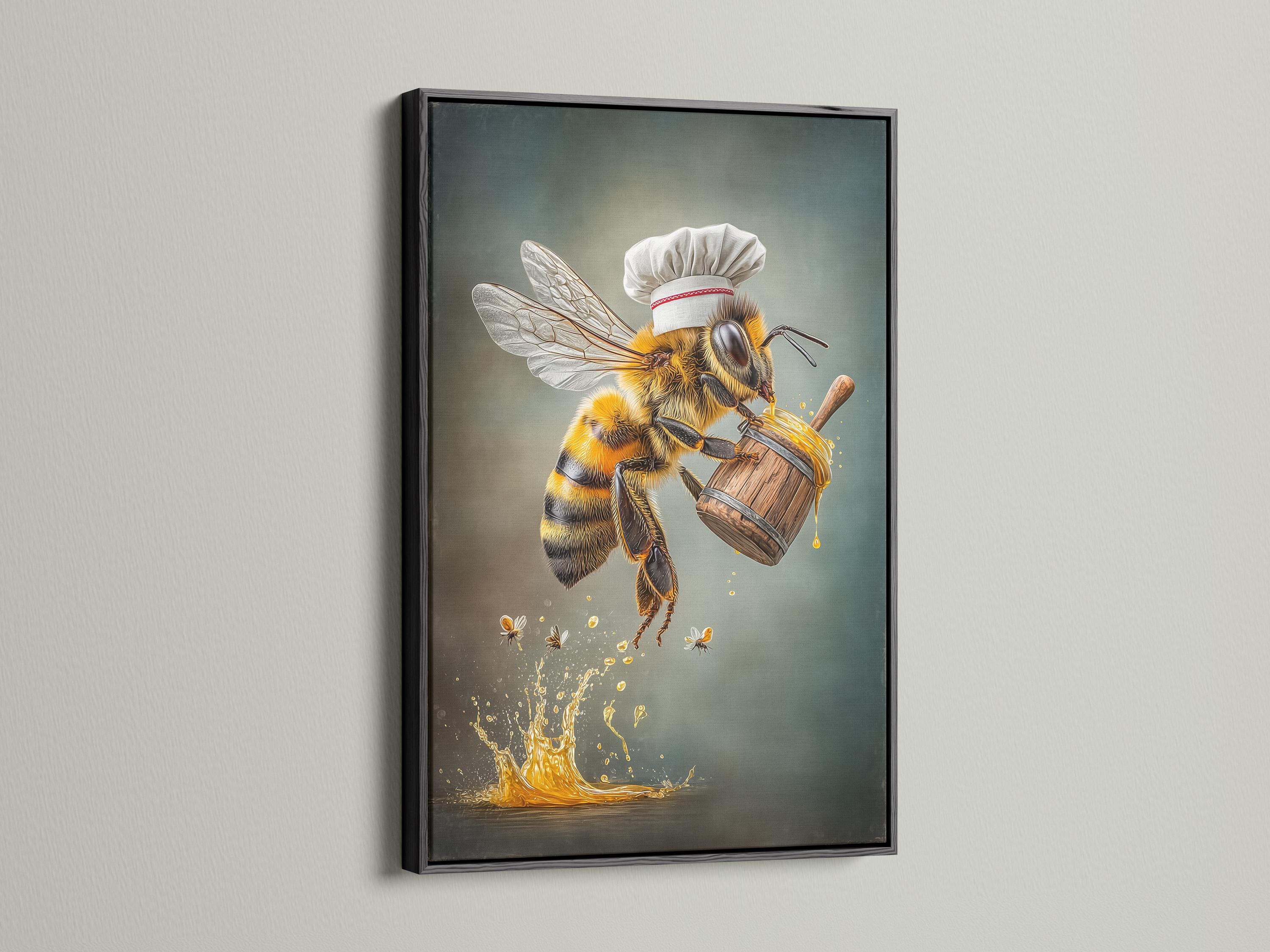 A painterly bee chef stands above a golden honey splash, holding a wooden barrel-like container and wearing a white hat, on a teal-grey background