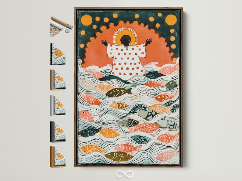 Illustrated underwater scene with many colourful fish swimming in teal and cream waves