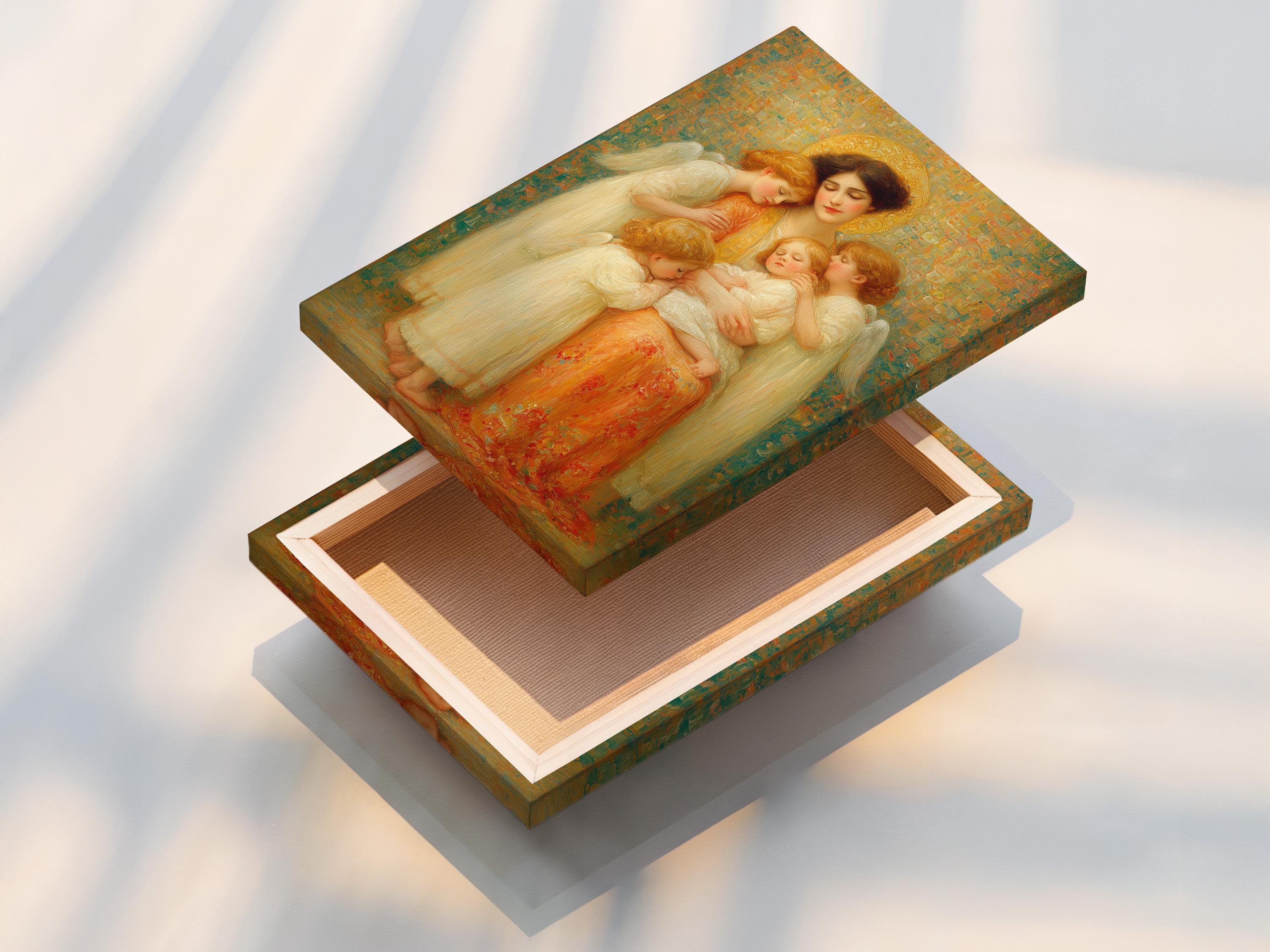 Painterly Madonna and Child scene with haloed angels and wings against a textured green-gold background detail view