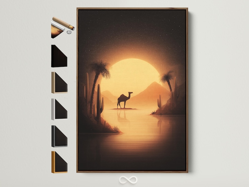 Camel silhouette in a desert sunset scene with a glowing sun, cacti, palm trees and distant mountains
