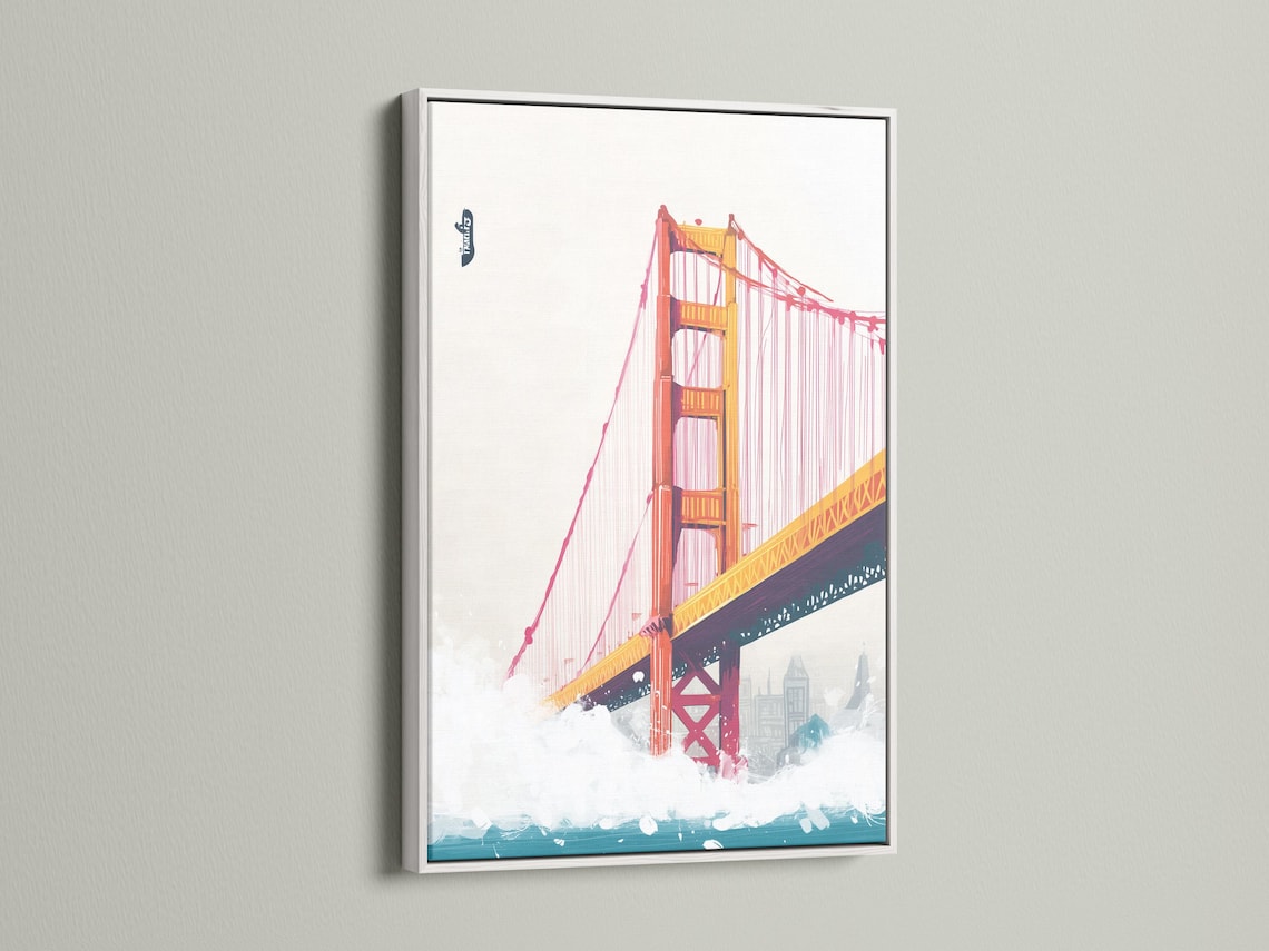 Stylised red and gold suspension bridge with teal water and faint skyline buildings detail view