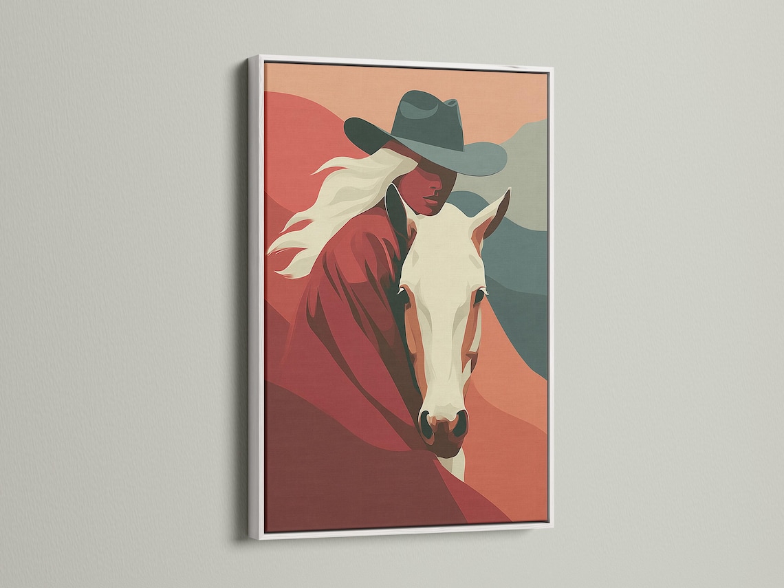 Stylised cowgirl and horse portrait with terracotta and red tones and muted teal accents detail view