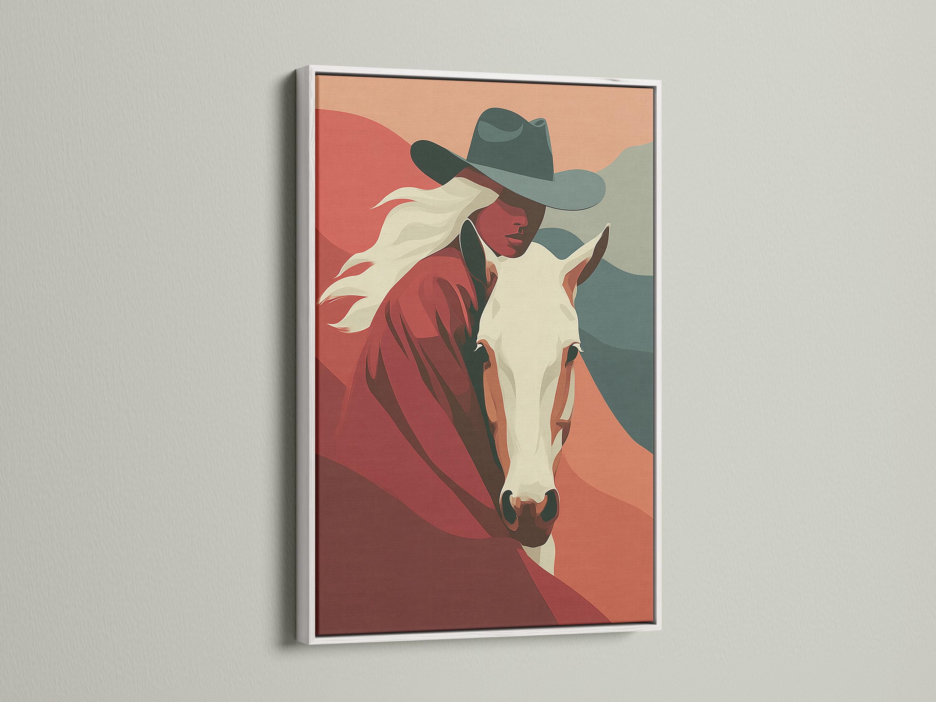 Stylised cowgirl and horse portrait with terracotta and red tones and muted teal accents detail view