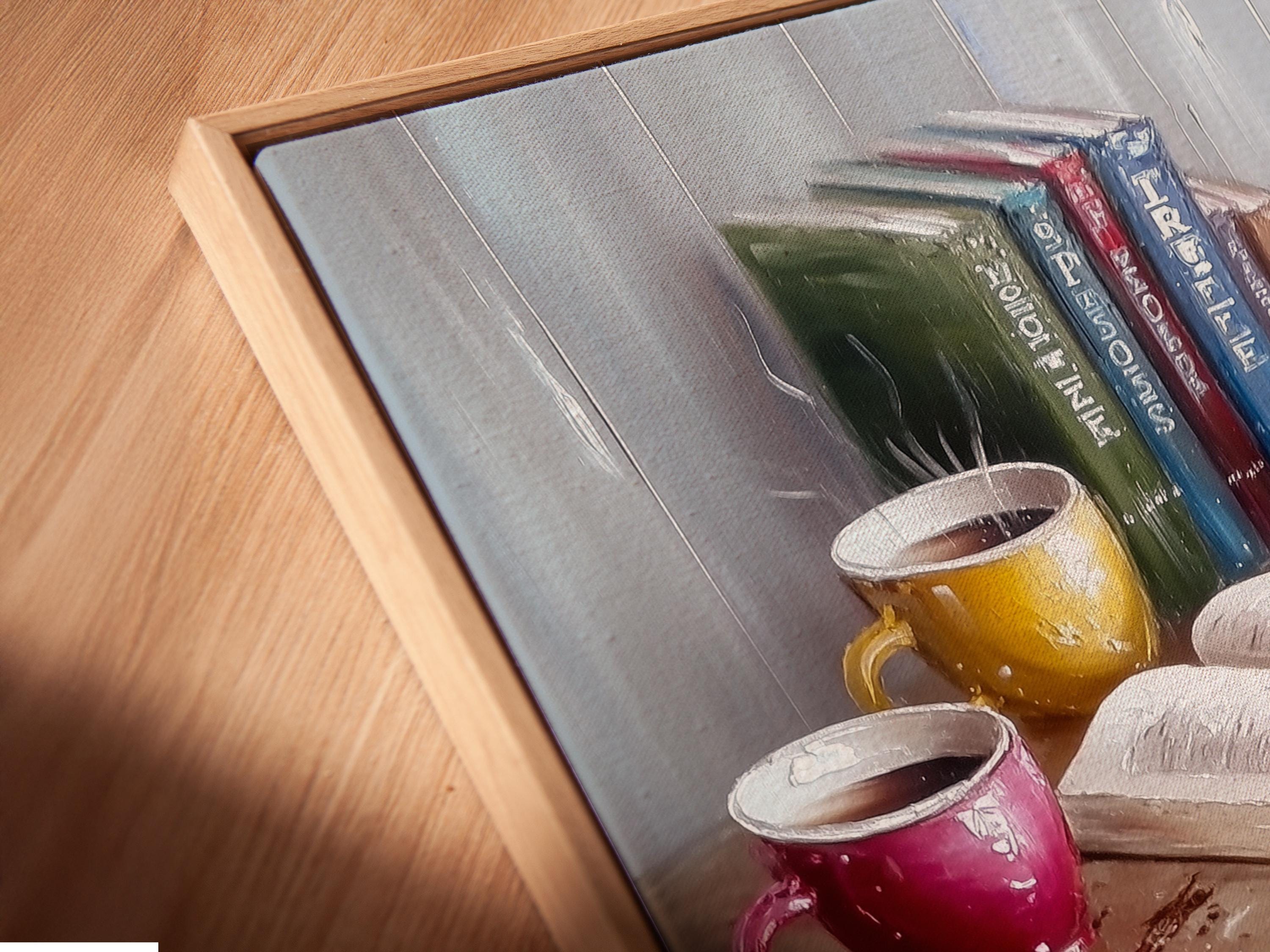 Painterly still life showing books and coffee mugs with warm highlights on a textured grey-blue background detail view
