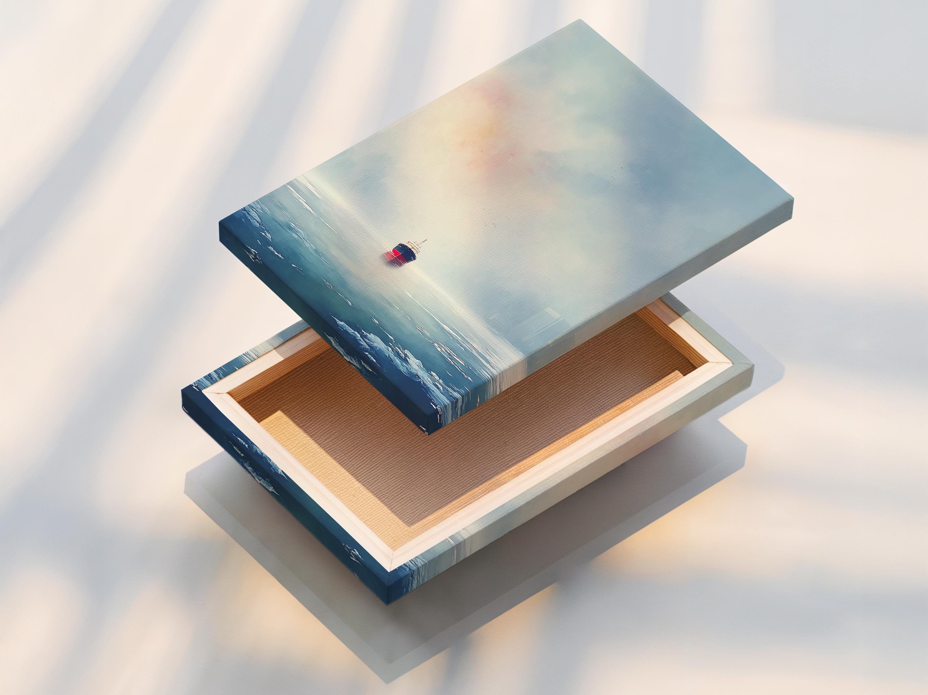 Room mockup showing a framed seascape artwork with a small ship on the ocean