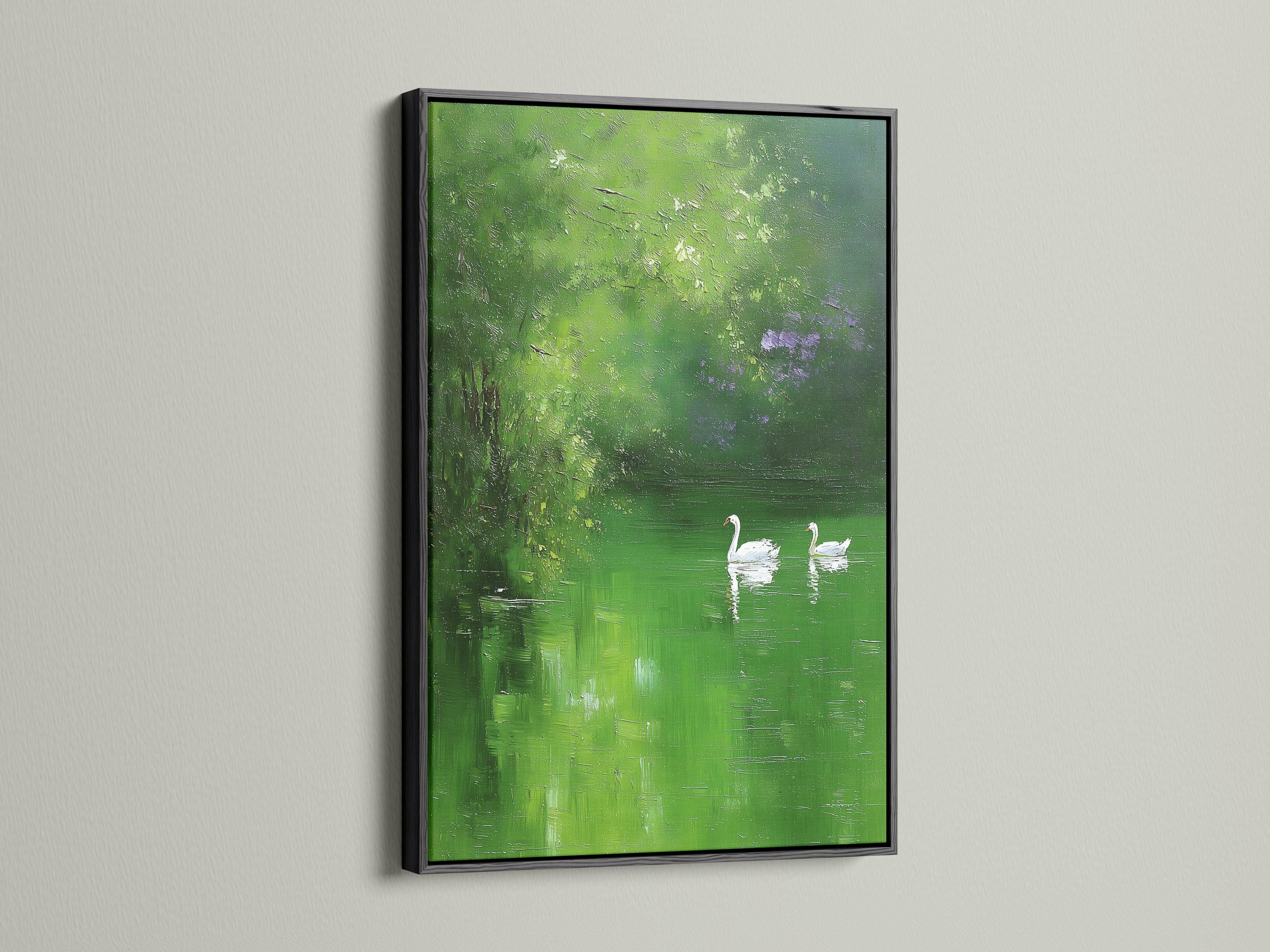 Green landscape artwork with two white swans floating on dark green water detail view