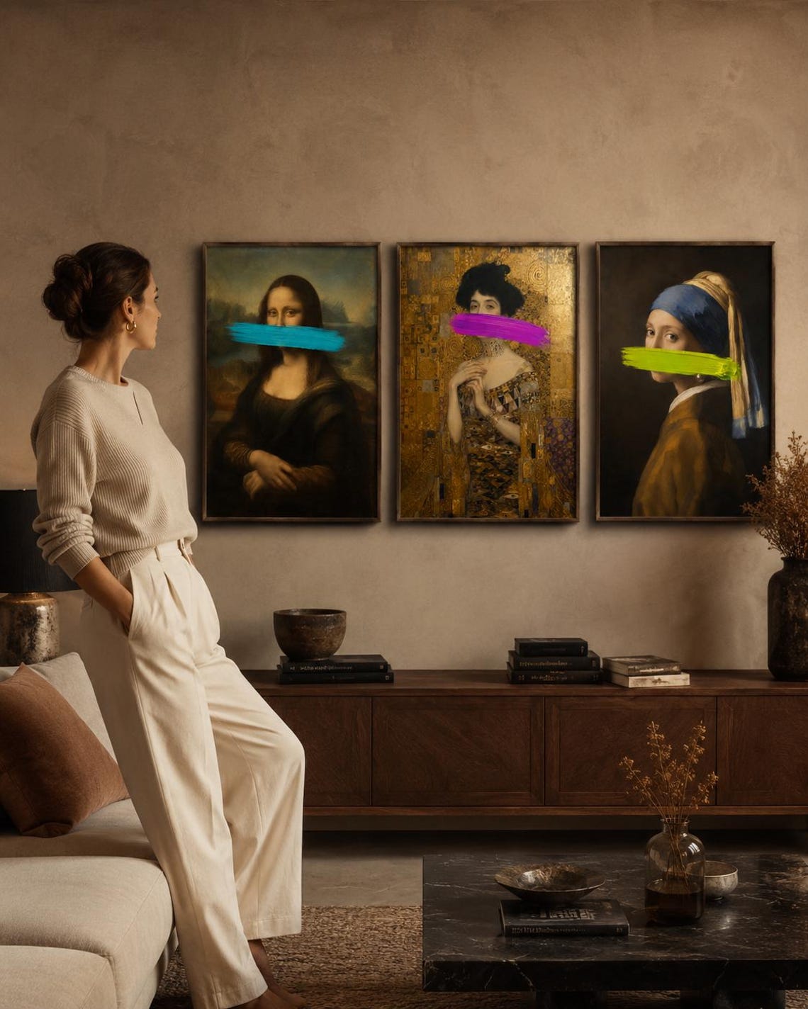 Wall mockup showing three framed neon portrait artworks above a sofa, with text on the mockup