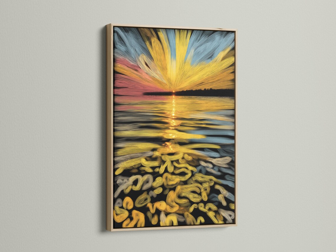 Abstract sunrise seascape with a golden sunburst over blue and peach horizon and shimmering wave reflections detail view