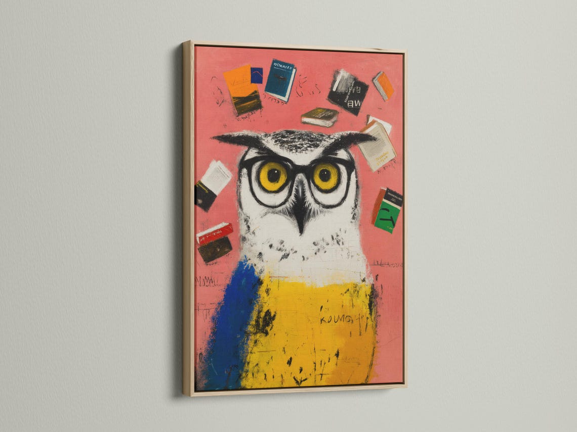 Stylised owl with large yellow eyes surrounded by illustrated books on a coral, blue and yellow background detail view