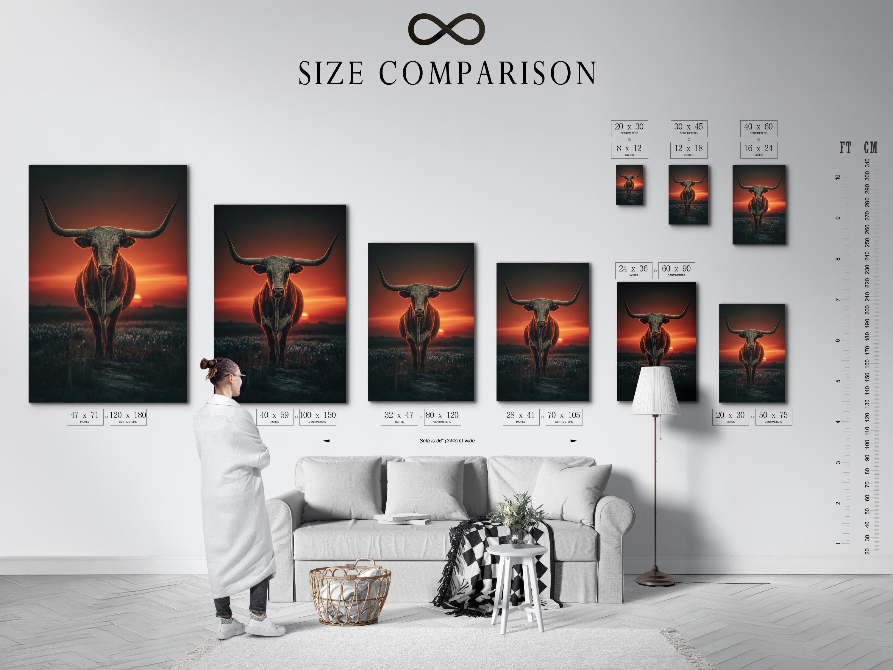 Room mockup showing a framed longhorn bull artwork with a sunset background