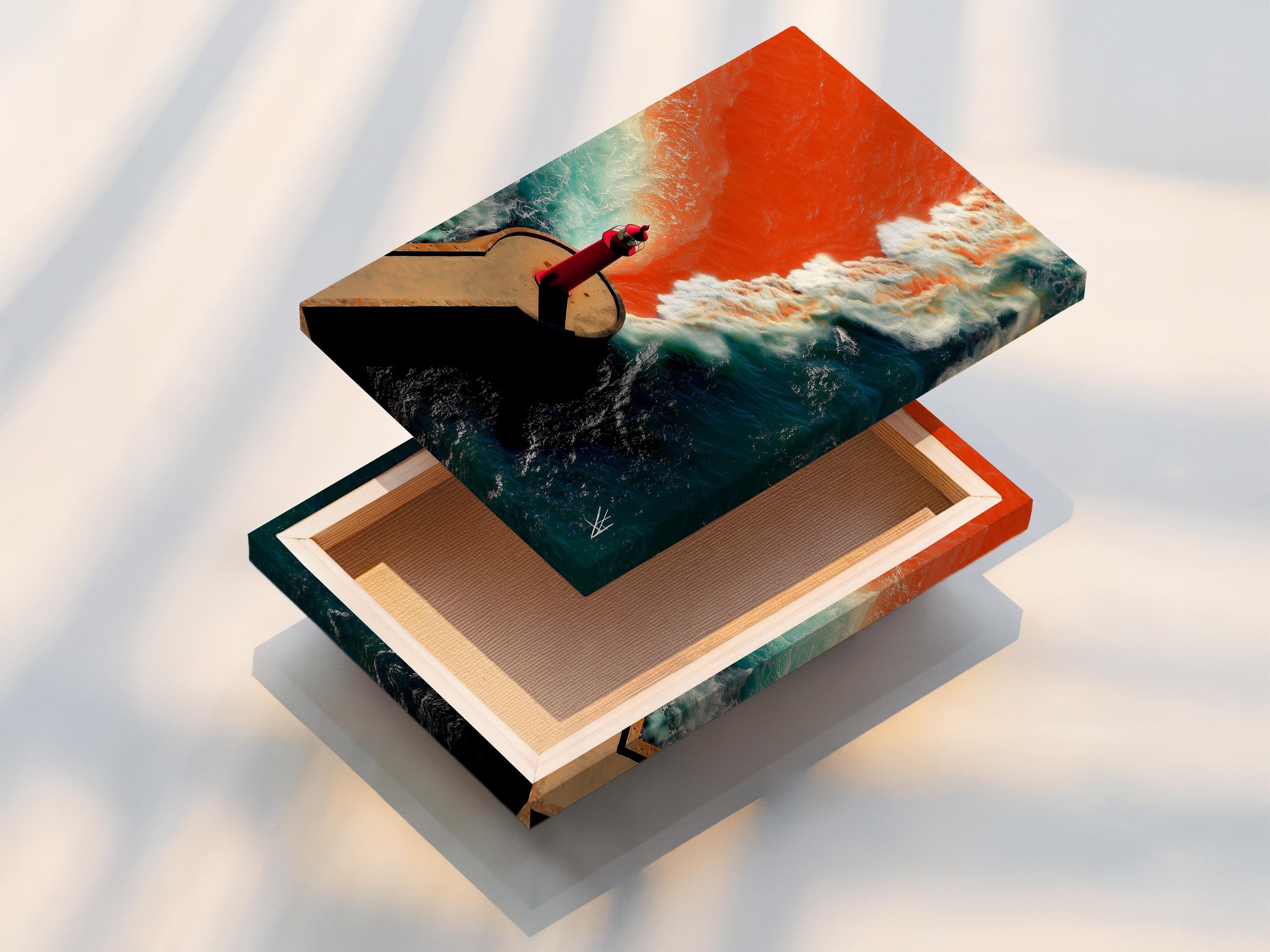 Red lighthouse on a curved pier with teal ocean waves and white foam detail view