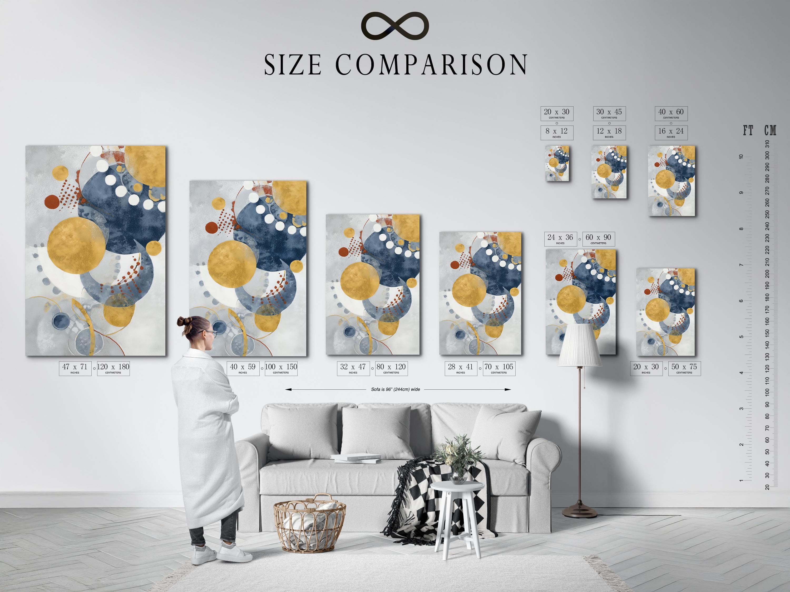 Abstract navy blue and mustard gold circle artwork shown in a framed mockup on a light background