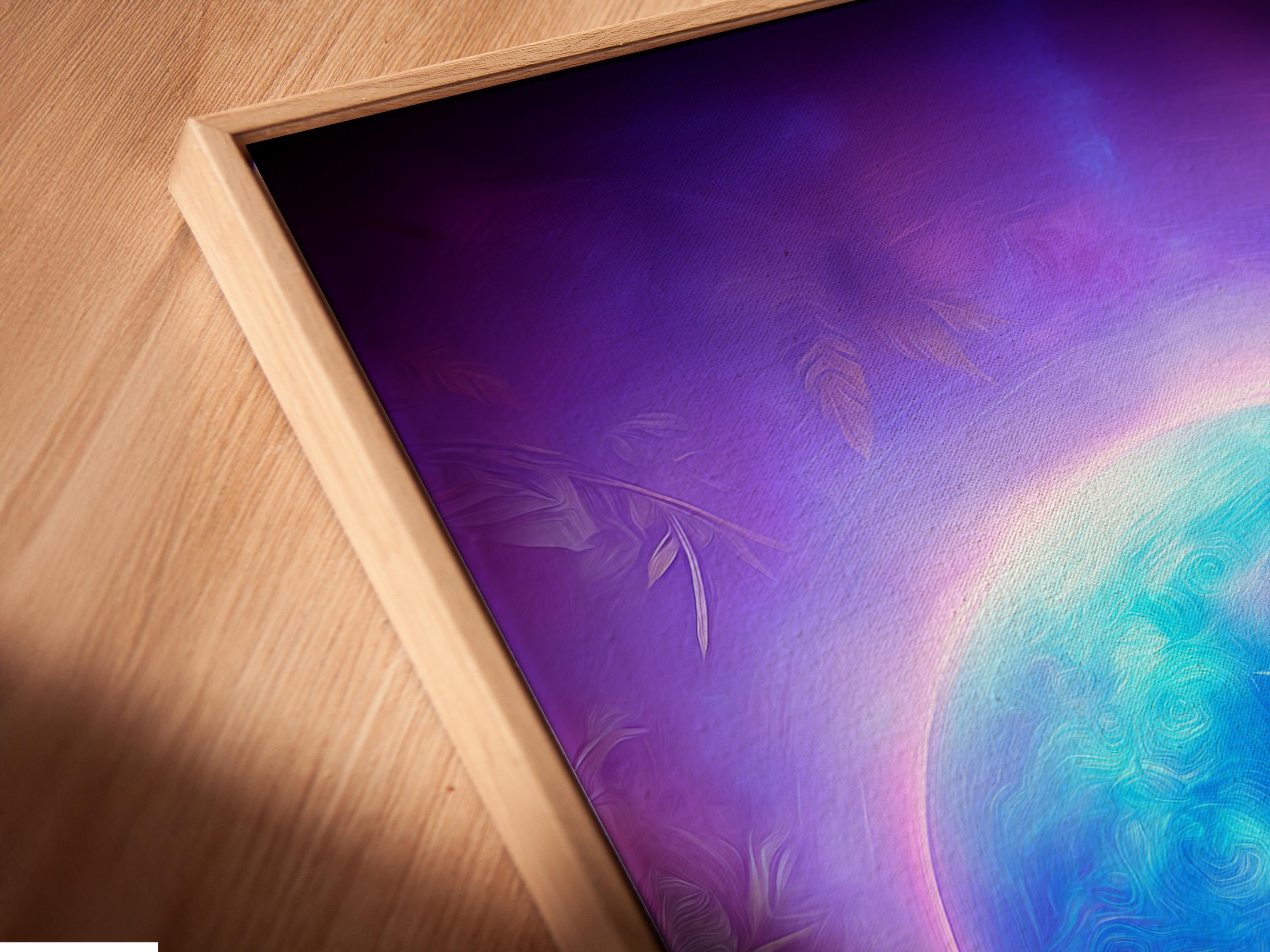 Room mockup showing a glowing purple and blue yin-yang artwork on a wall