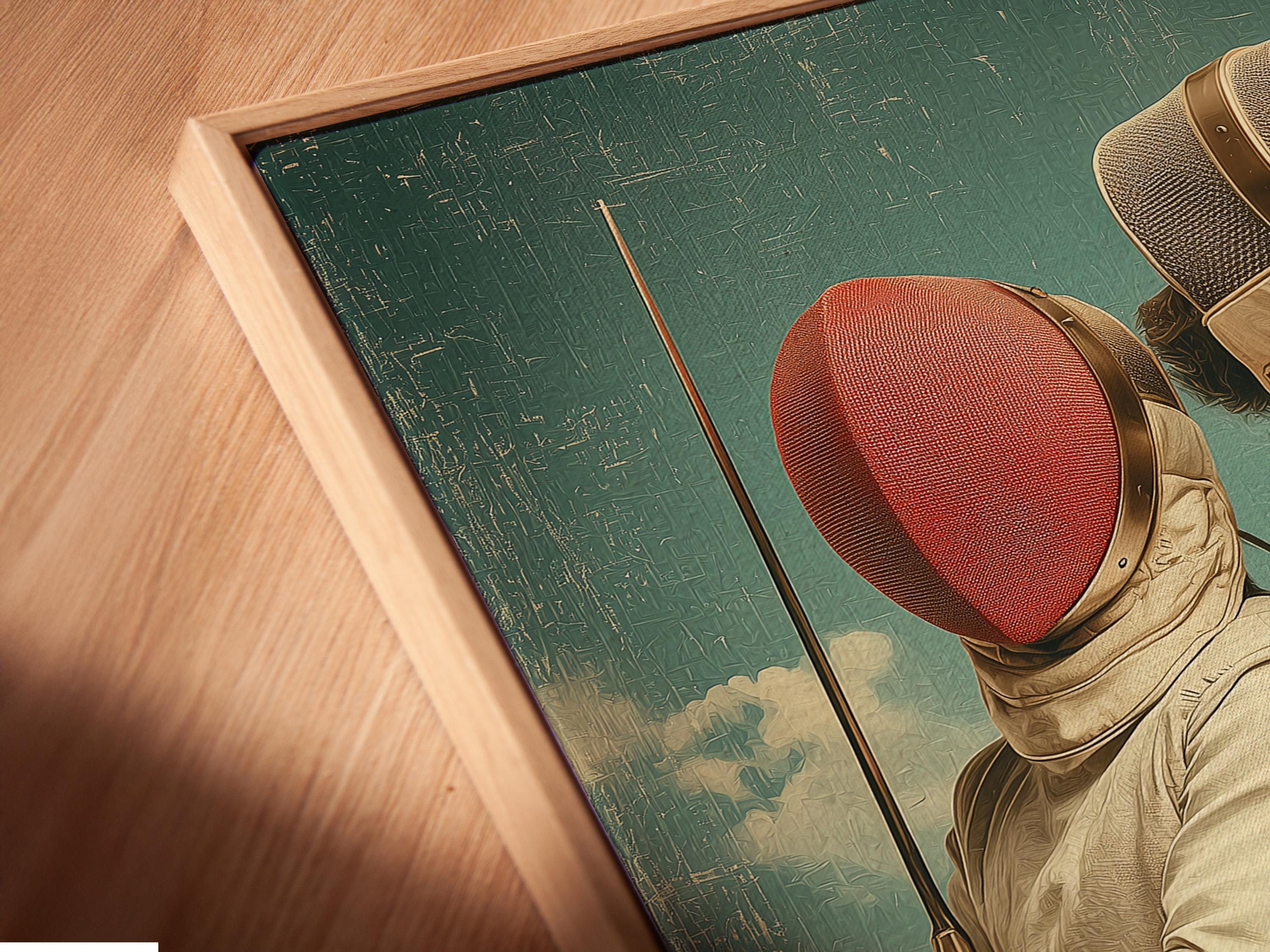 Two fencers in cream masks standing back-to-back with red roses and a hazy city skyline detail view