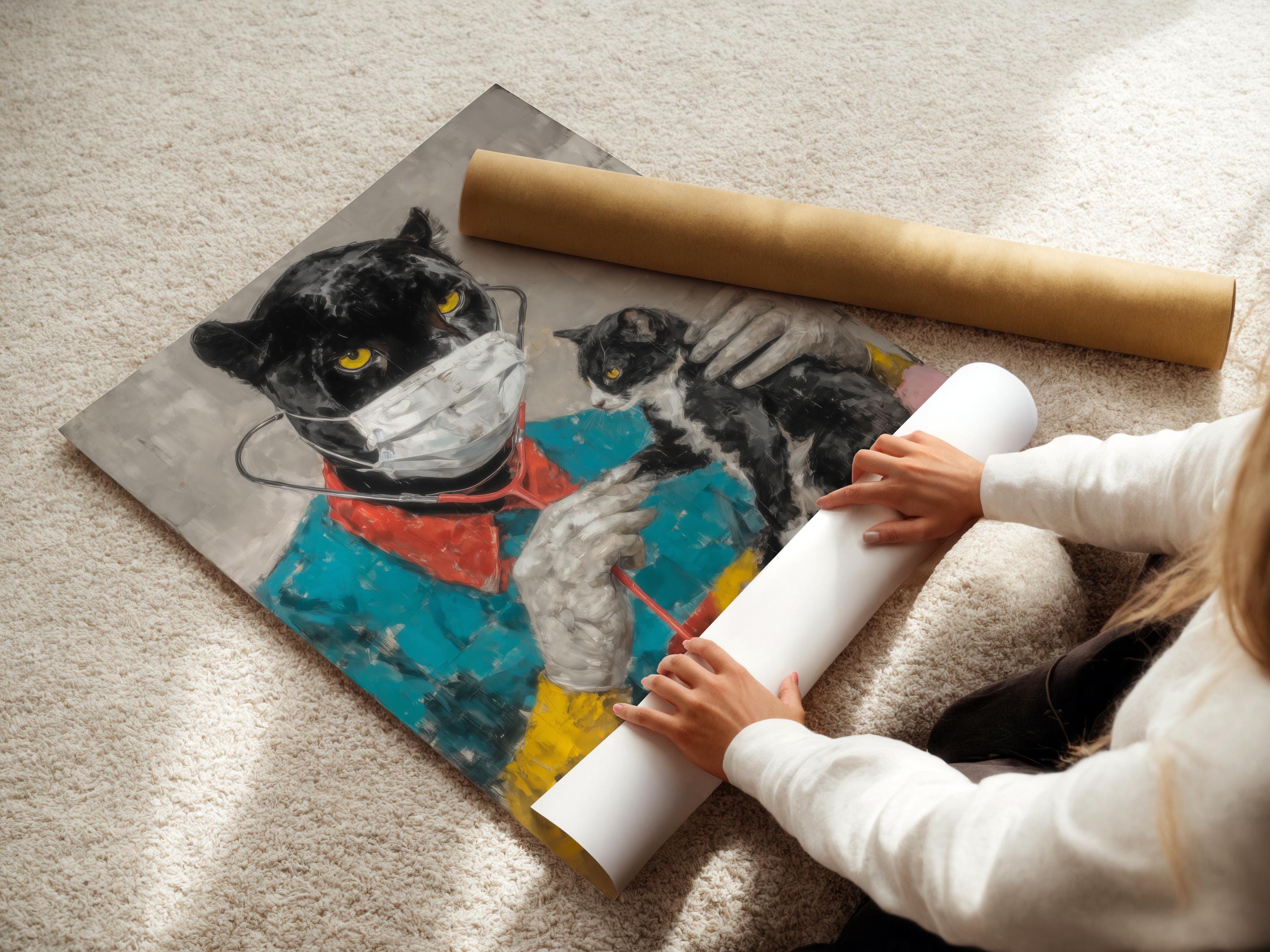 Painterly black cat doctor with a white mask and bright yellow eyes, with a smaller masked kitten beside it detail view