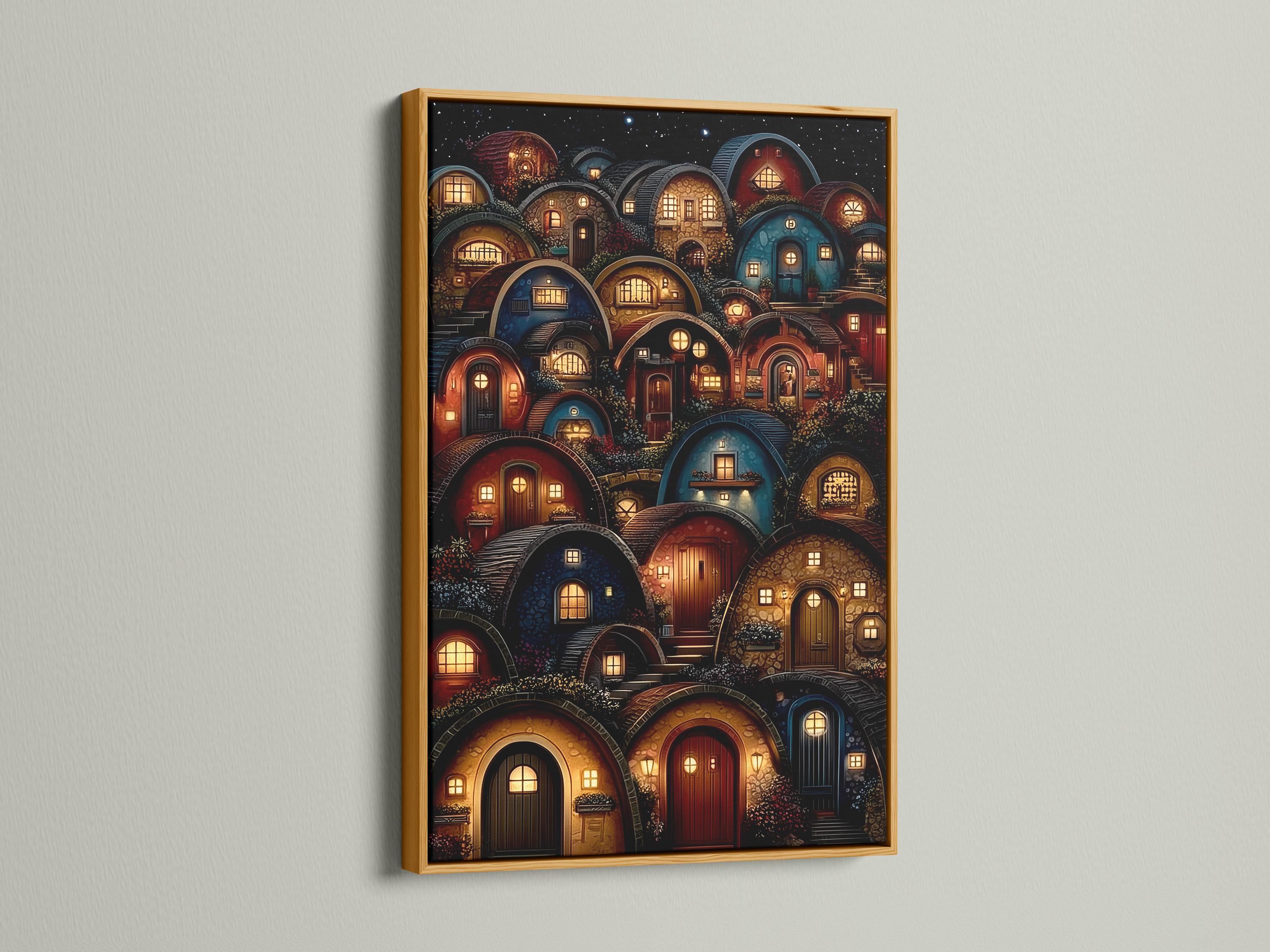 Fantasy village at night with glowing arched doorways and windows under a starry sky detail view