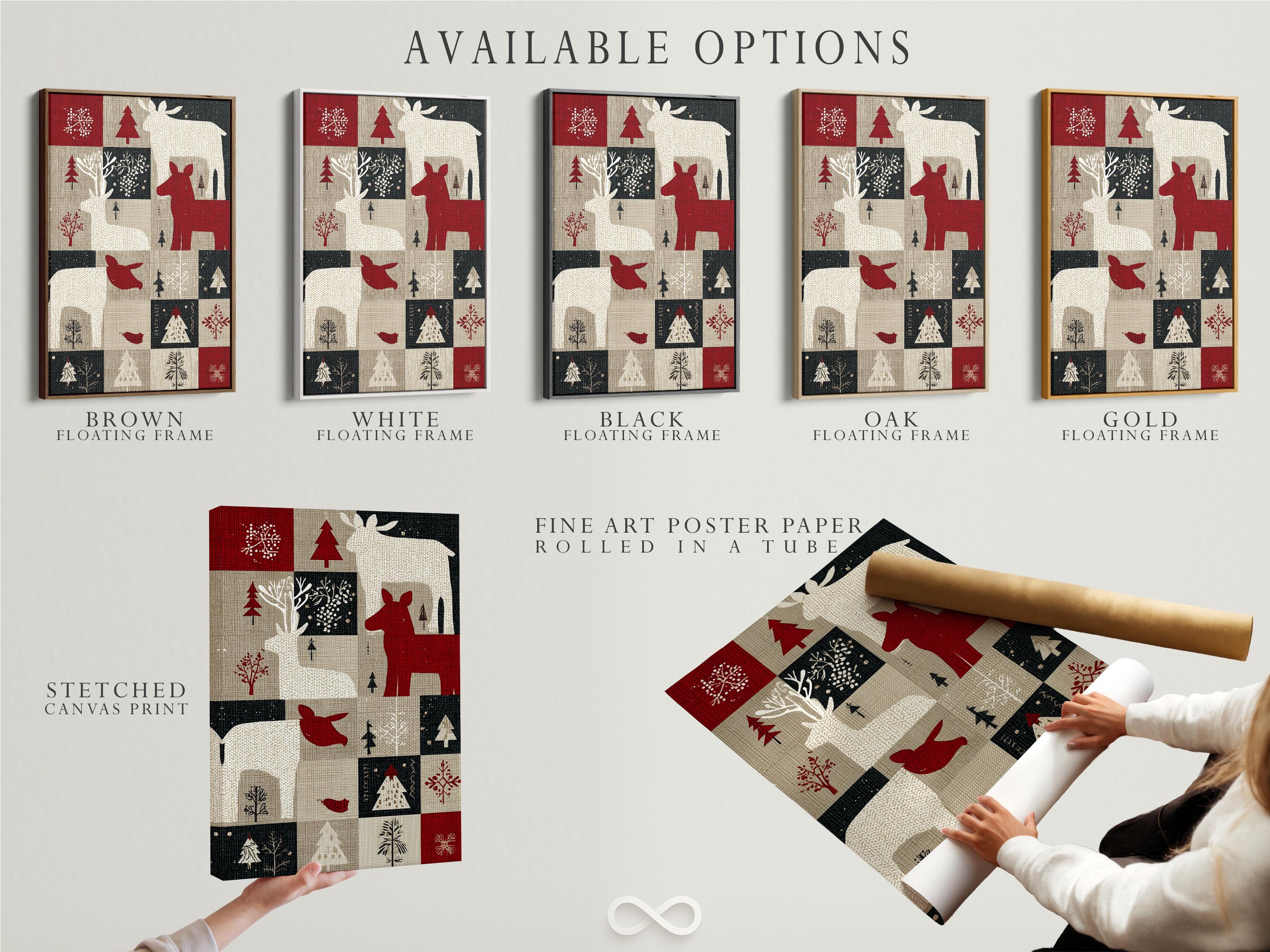 Deep red deer silhouette in a patchwork winter design with trees and snowflake motifs detail view