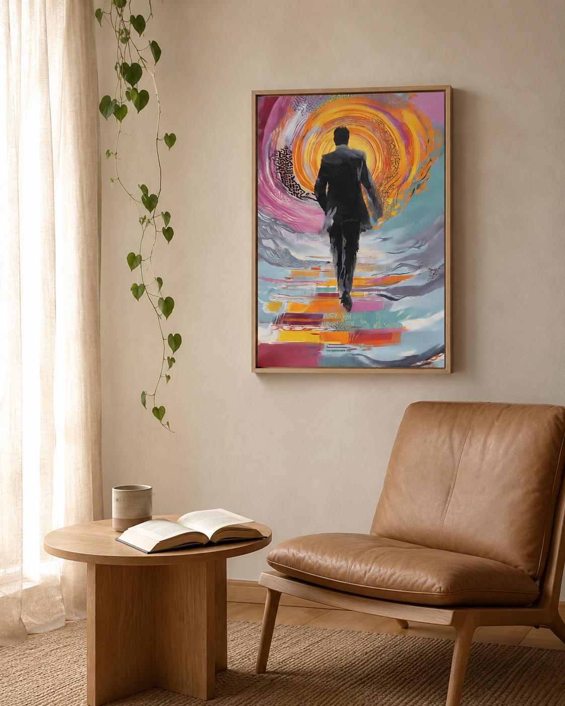 Person seated in a living room with a framed abstract man silhouette artwork on the wall