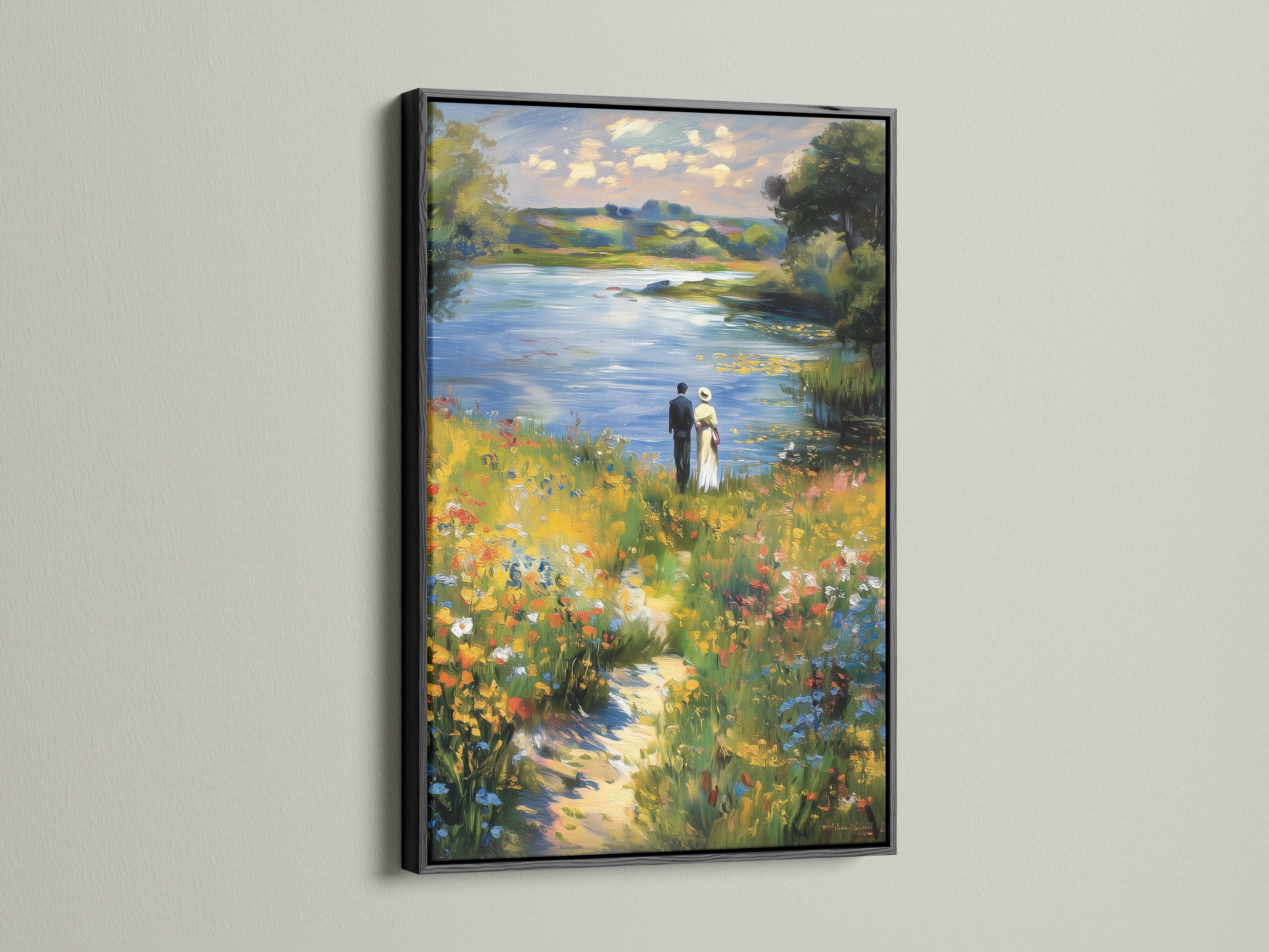 Impressionist lakeside meadow painting with two people standing near the shore and wildflowers detail view