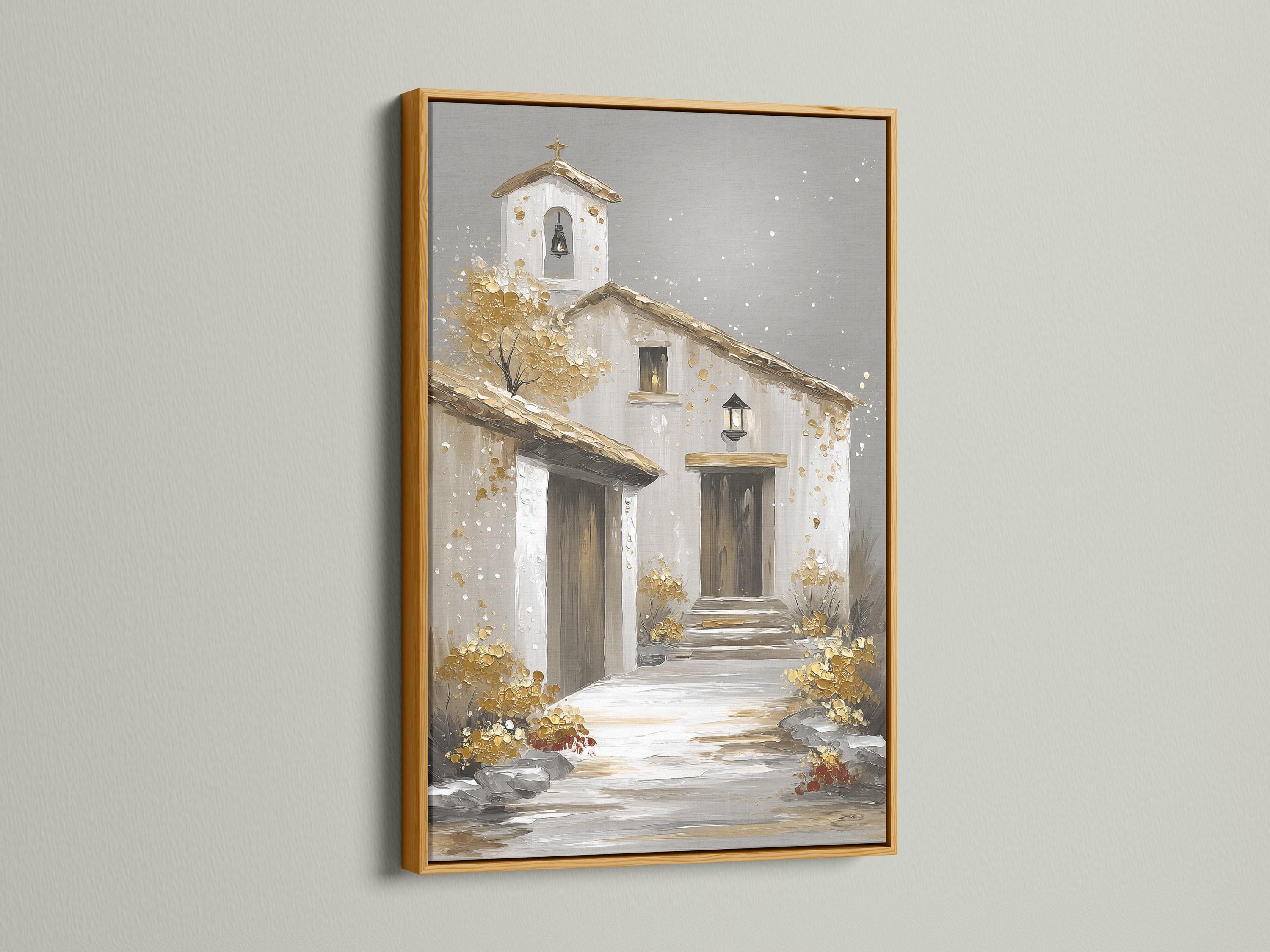 Stylised grey church exterior with a golden star ornament and shimmering gold and white flecks detail view
