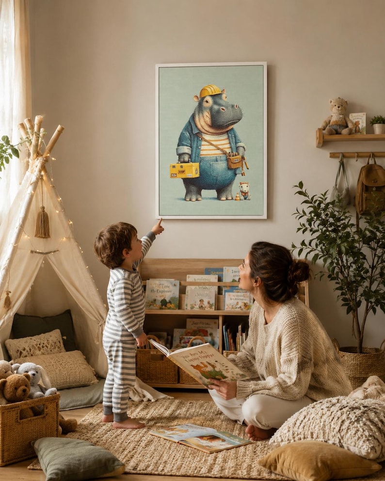 Hippo builder illustration with a yellow hard hat and tool belt on a pale green background
