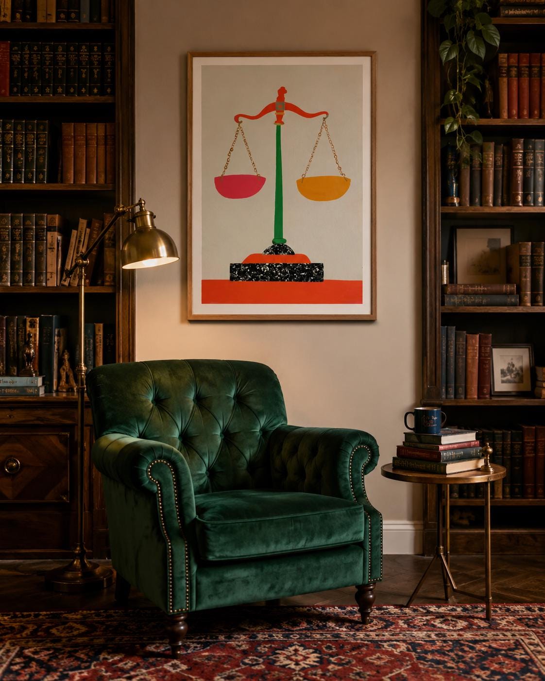 A stylised balance scale icon with a green stand and red and orange pans sits centrally on a pale background, framed by a thin border detail view