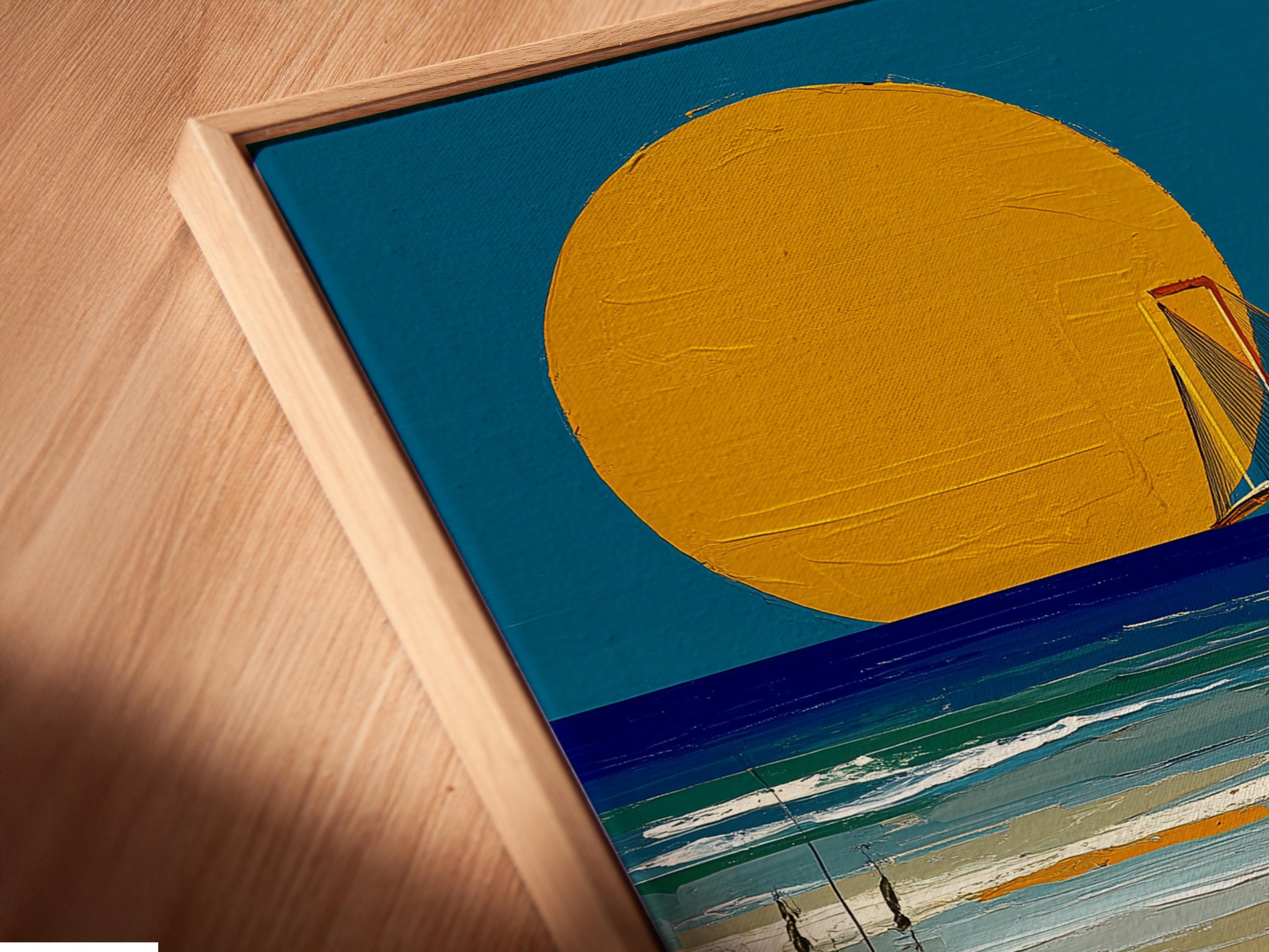 Portrait coastal artwork with golden sun, blue ocean, and a bridge over waves detail view